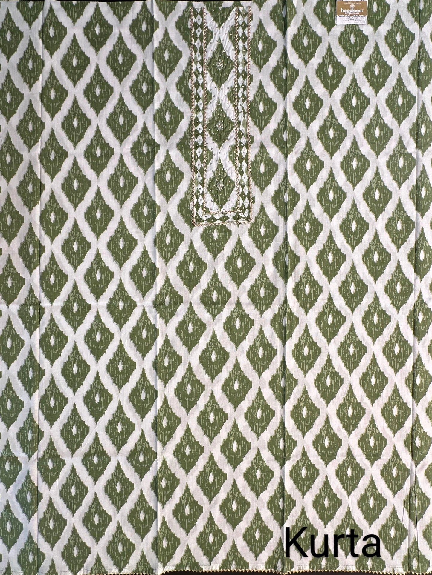 Off White-Green Printed Cotton 3-Piece Suit With Hand-Painted Dupatta