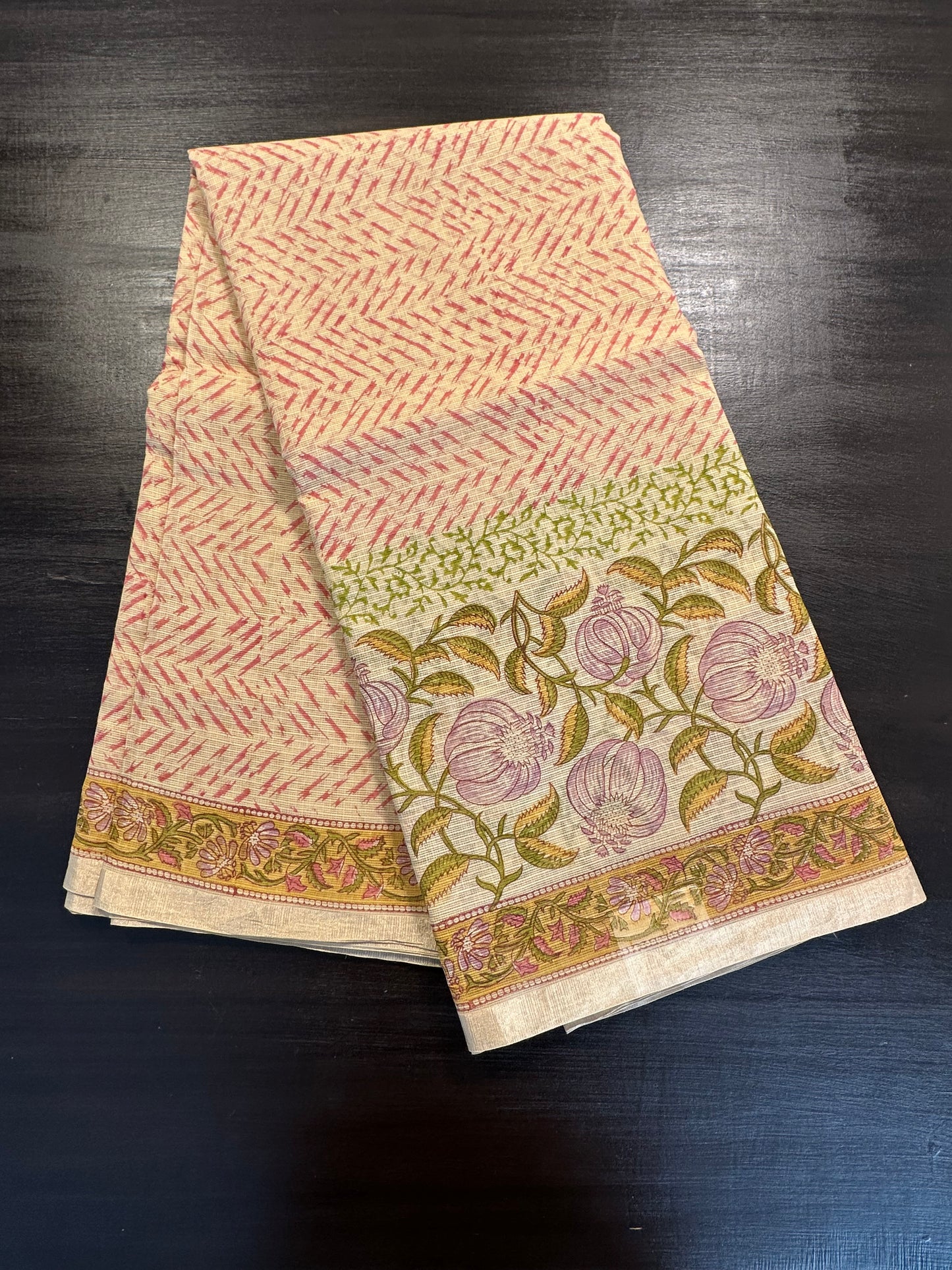 Beige Block Print Kota Doria Cotton Saree