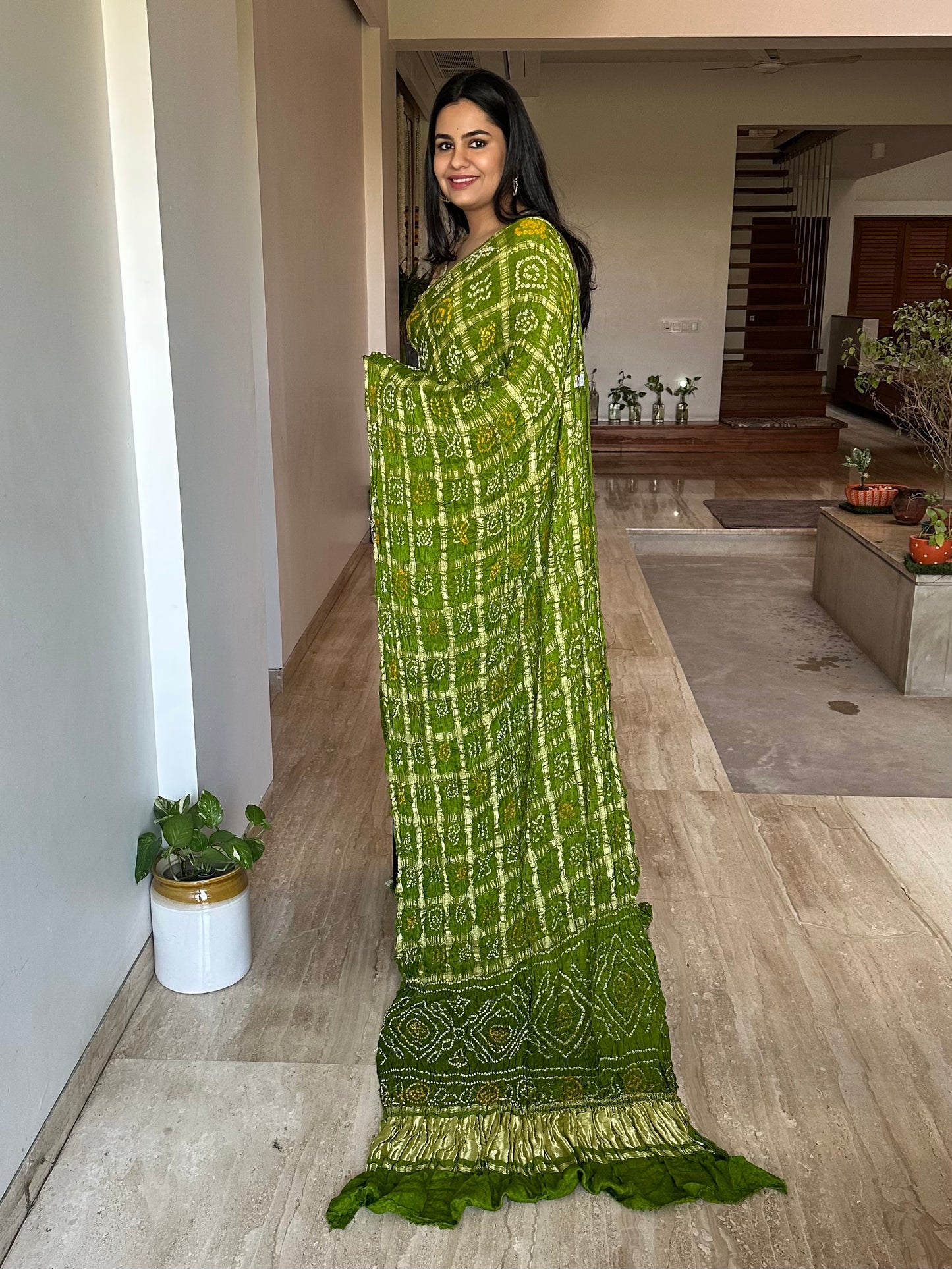 Mehendi Green Gharchola Bandhej Gajji Silk Saree