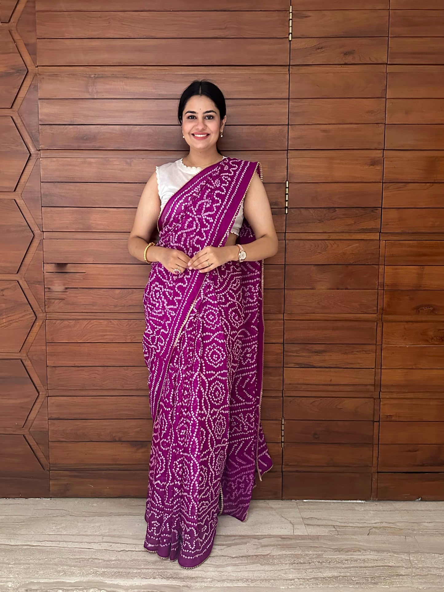 Purple Bandhej Chinon Saree