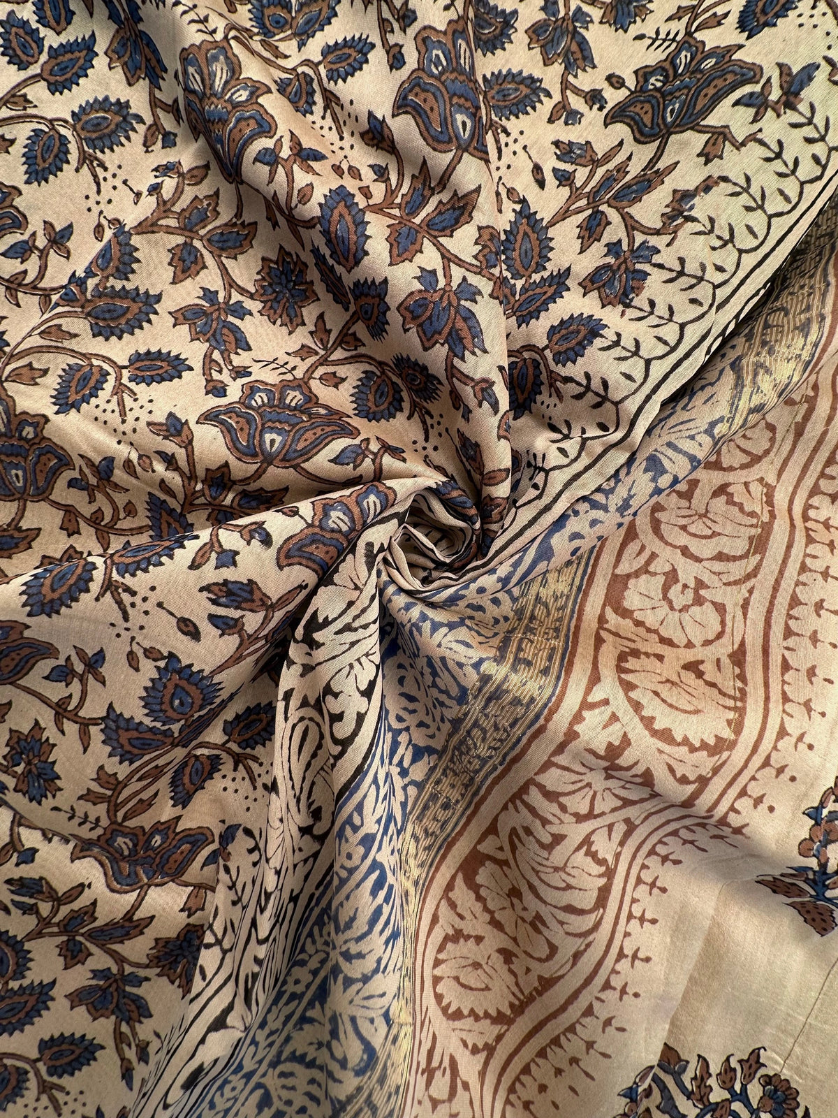 Beige-Blue Chanderi Saree with Hand Block Print