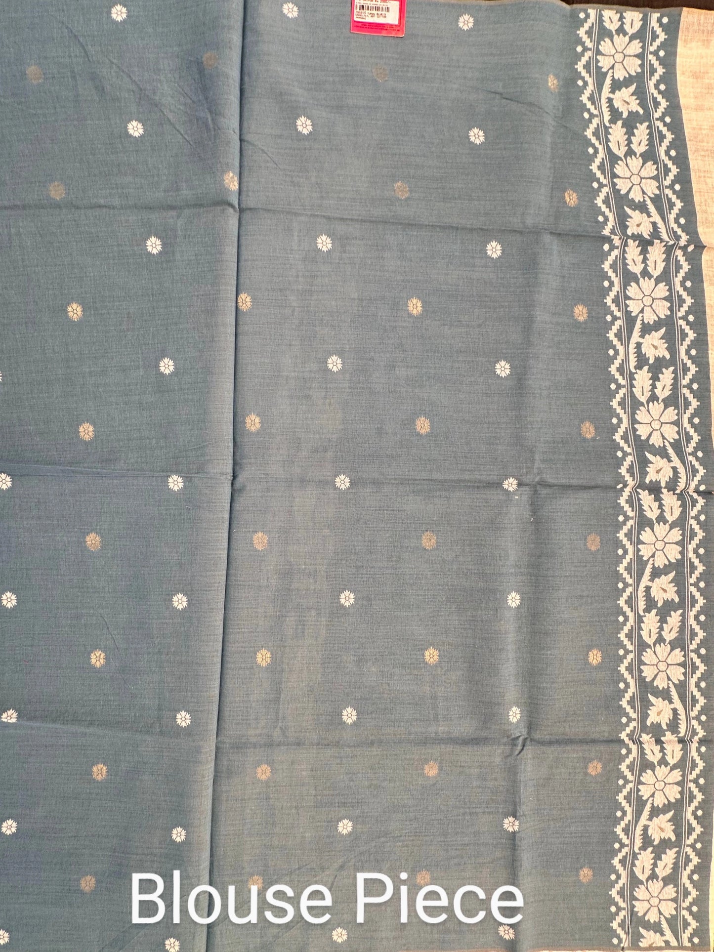 Beige - Blue Floral Weave Fancy Cotton Saree