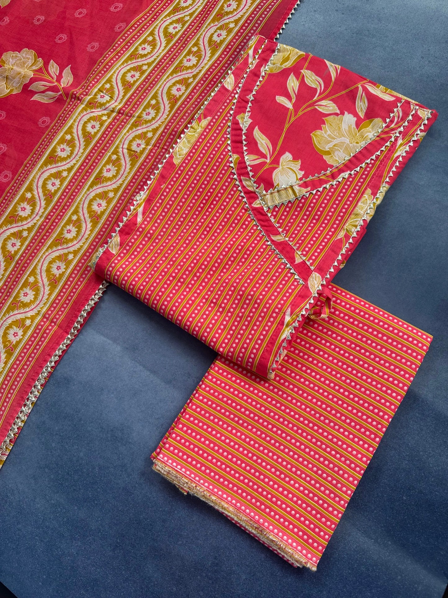 Dark Pink Angrakha Printed Cotton 3-Piece Suit
