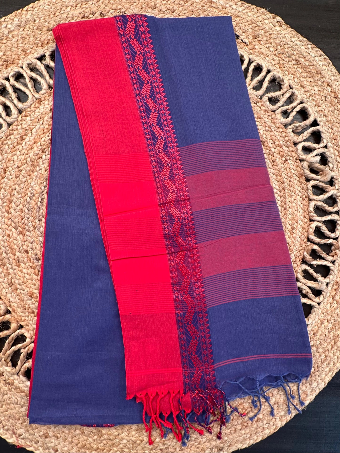 Violet Blue-Red Piku Bengal Cotton Saree