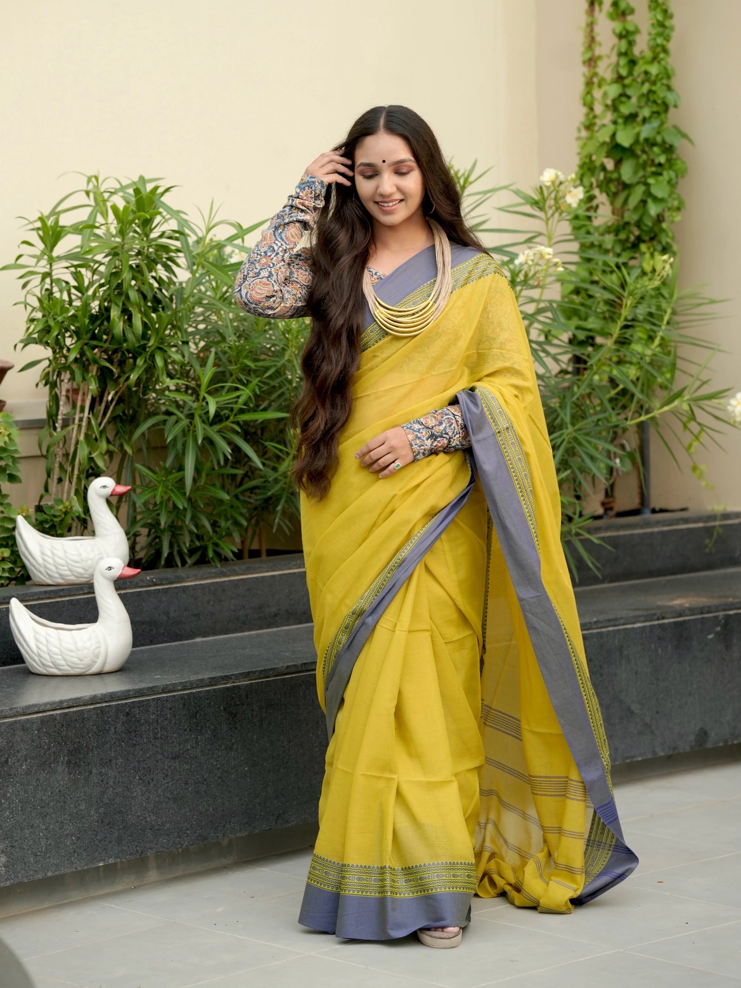 Olive Green-Blue Tripura Cotton Saree