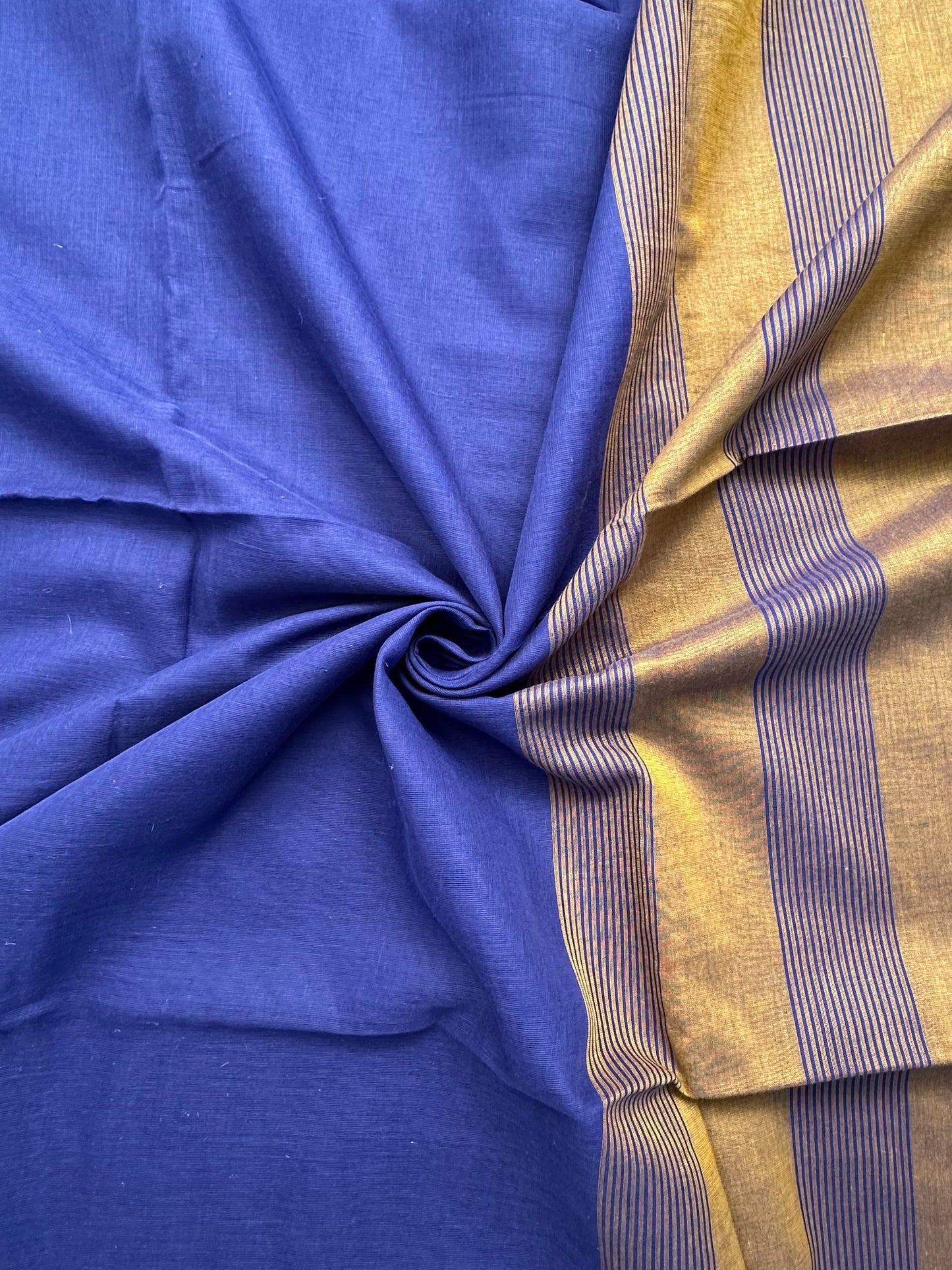 Blue-Mustard Piku Bengal Cotton Saree