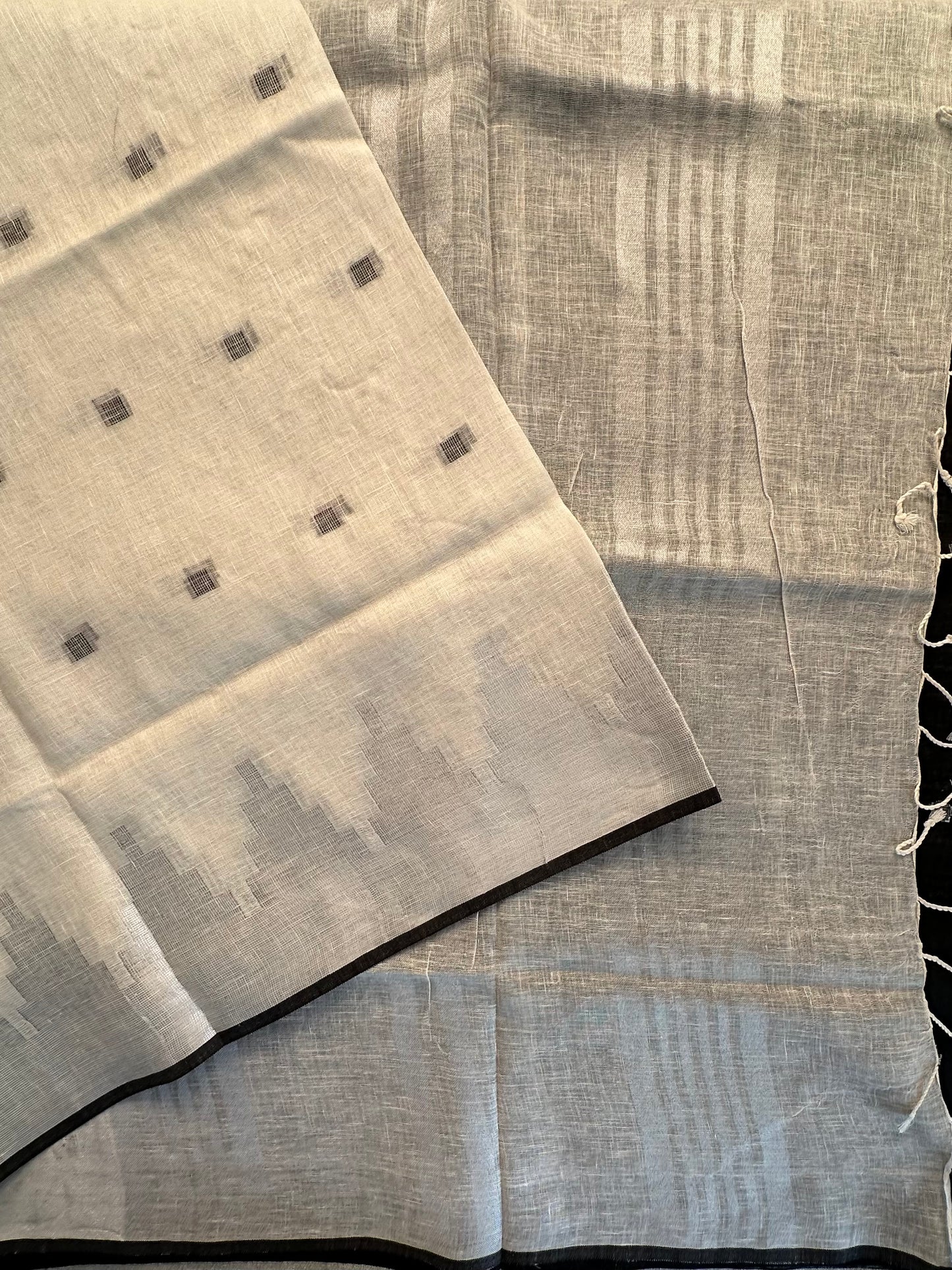 Off White-Grey Linen Saree