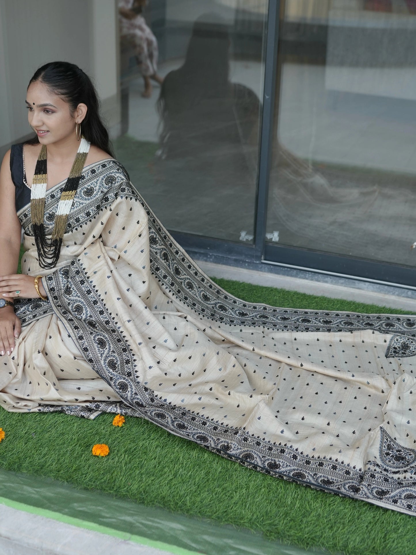 Beige Pure Tussar Silk Saree With Embroidery