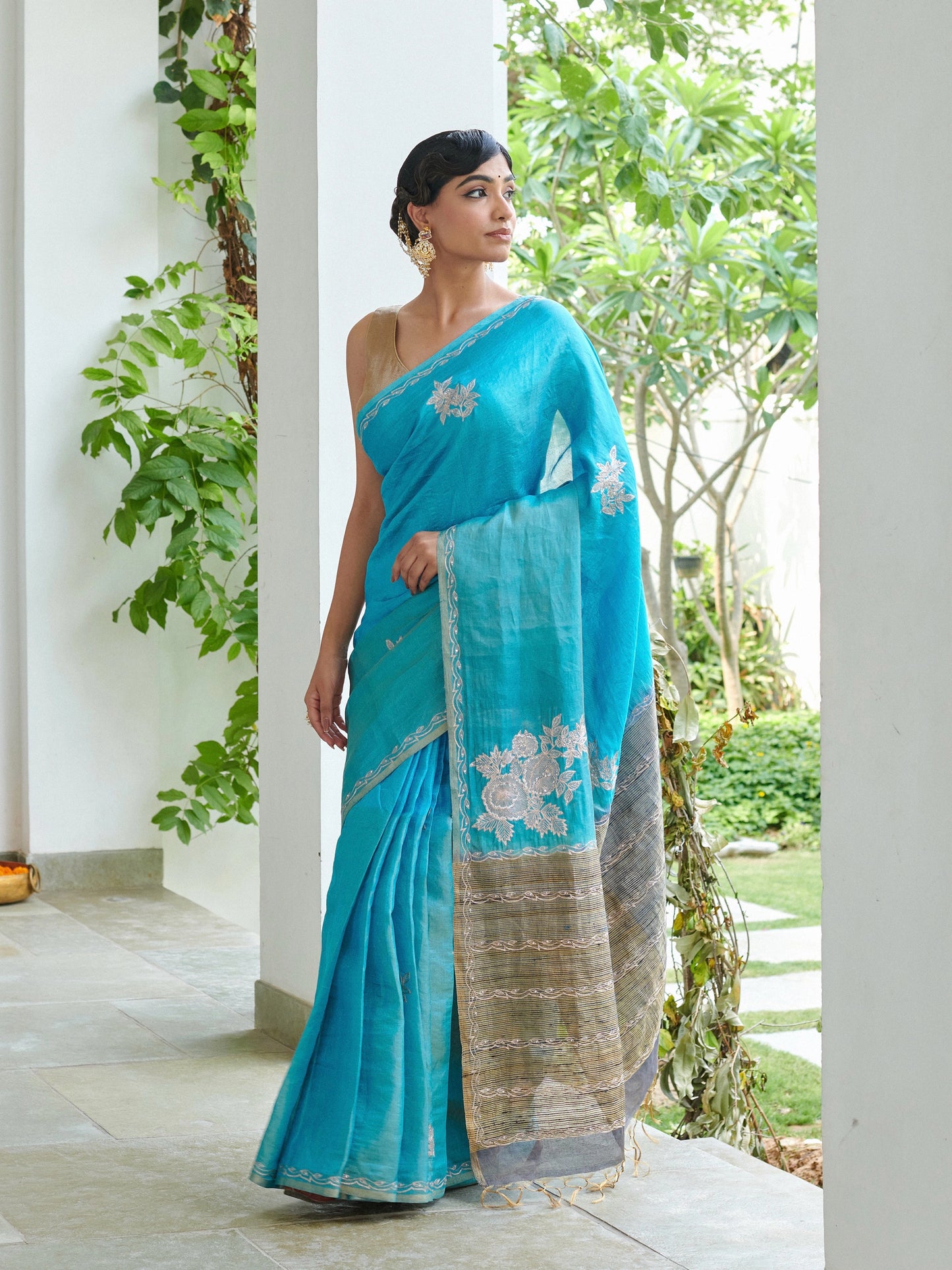 Blue Zardozi Tissue Silk Saree