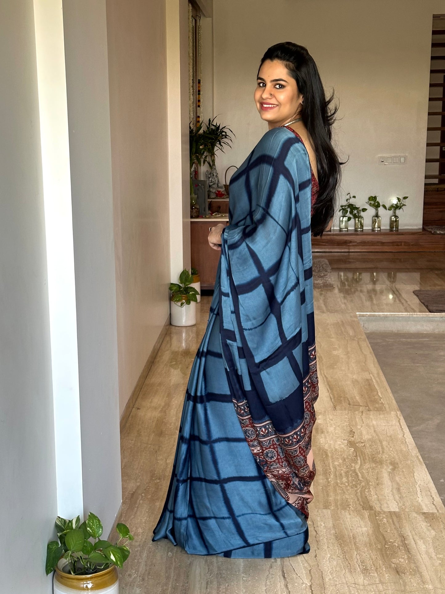 Blue-Rust Ajrakh Blended Modal Saree