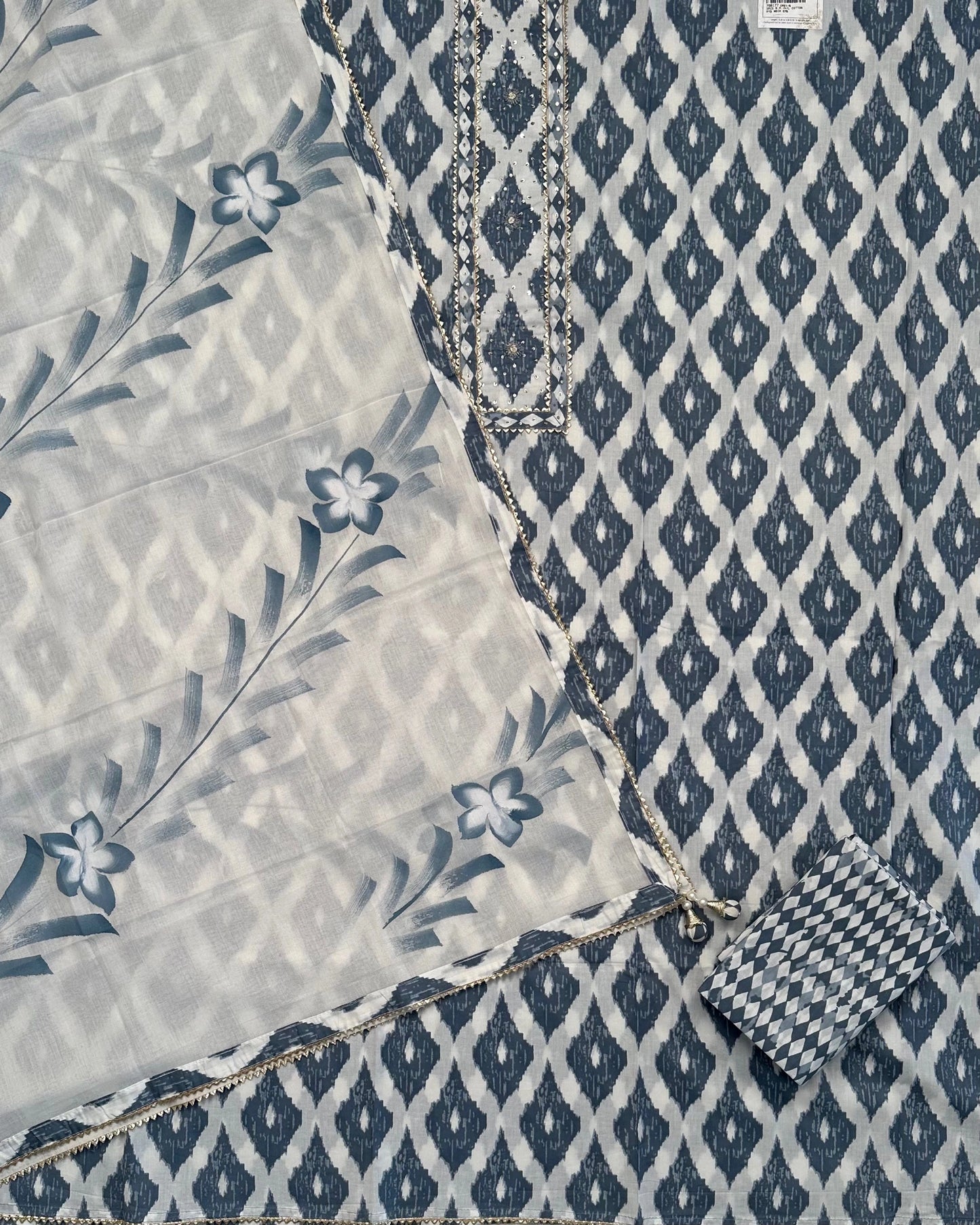 Off White- Grey Printed Cotton 3-Piece Suit With Hand Painted Dupatta