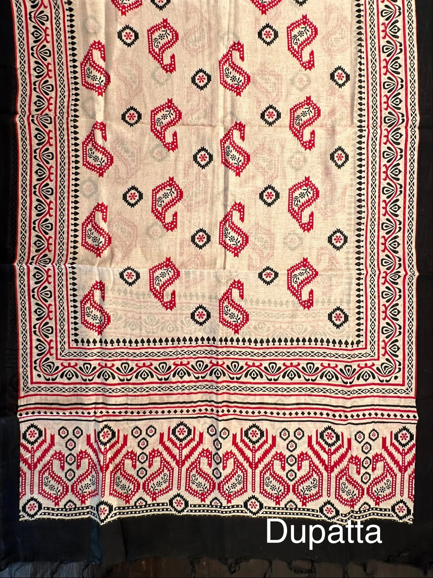 Black-Red Printed Chanderi 3-Piece Unstitched Suit