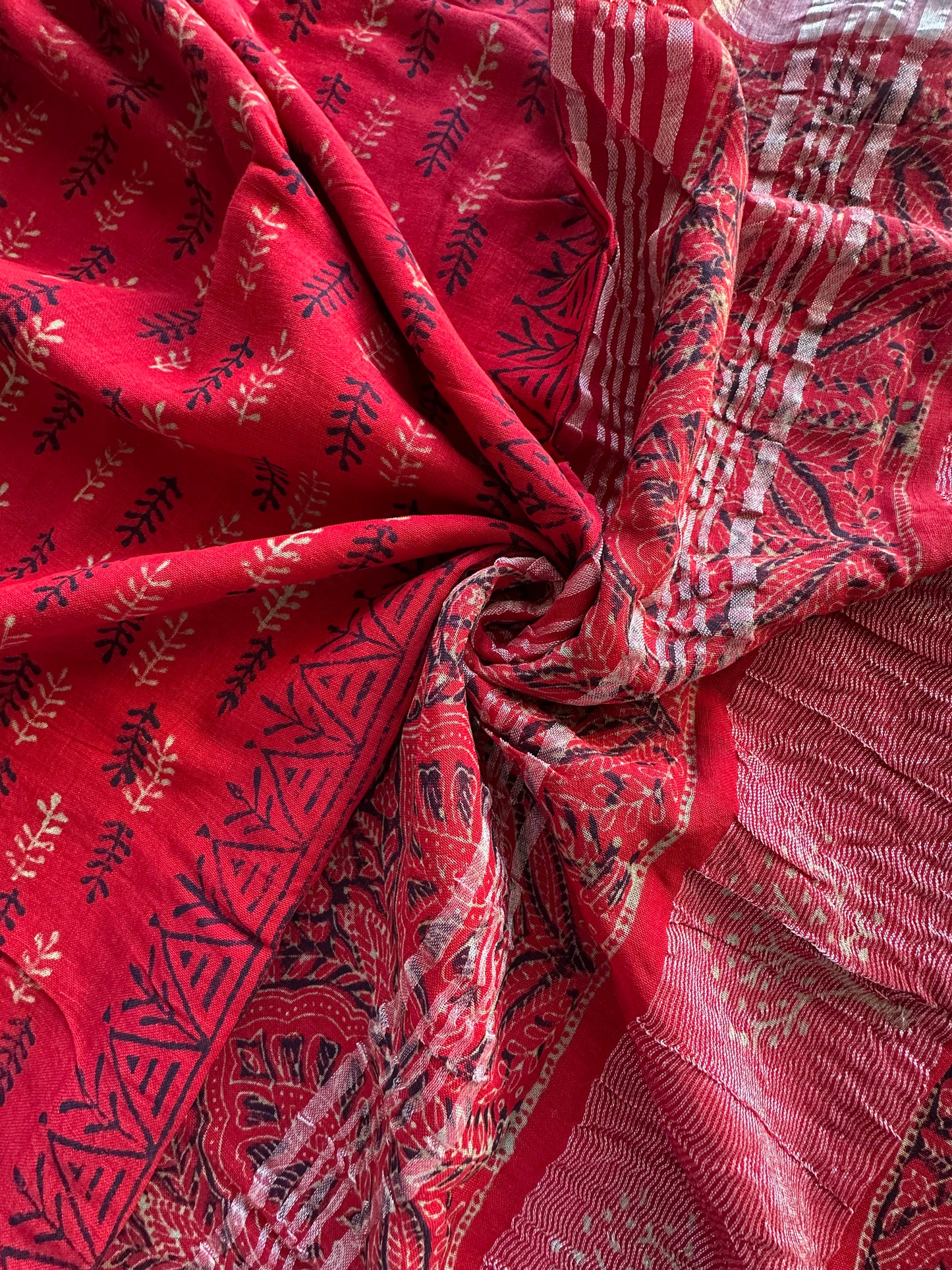 Red Hand Block Printed Linen Saree