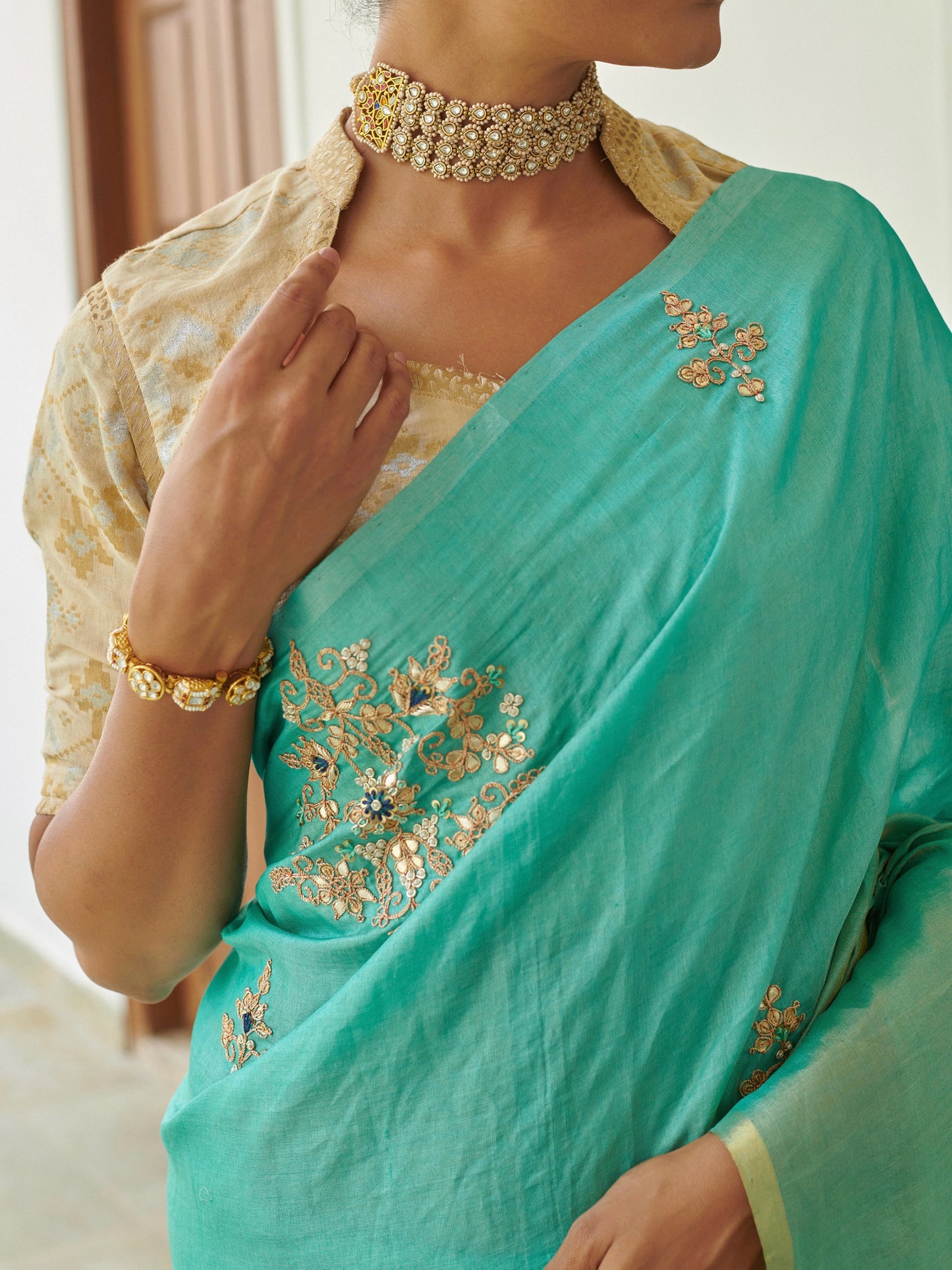 Firozi Tussar Saree With Zari Work