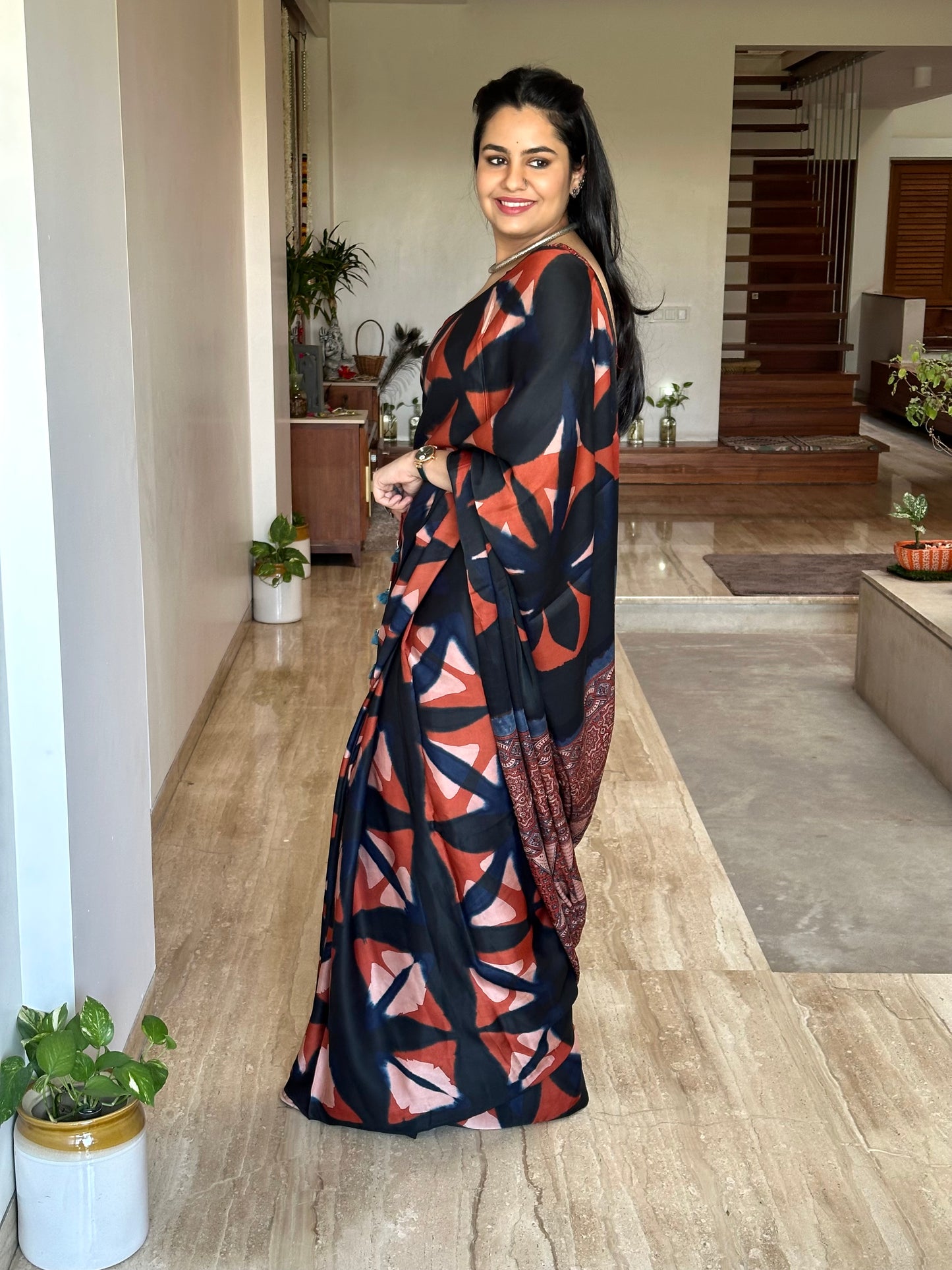 Black Indigo-Rust Orange Ajrakh Blended Modal Saree