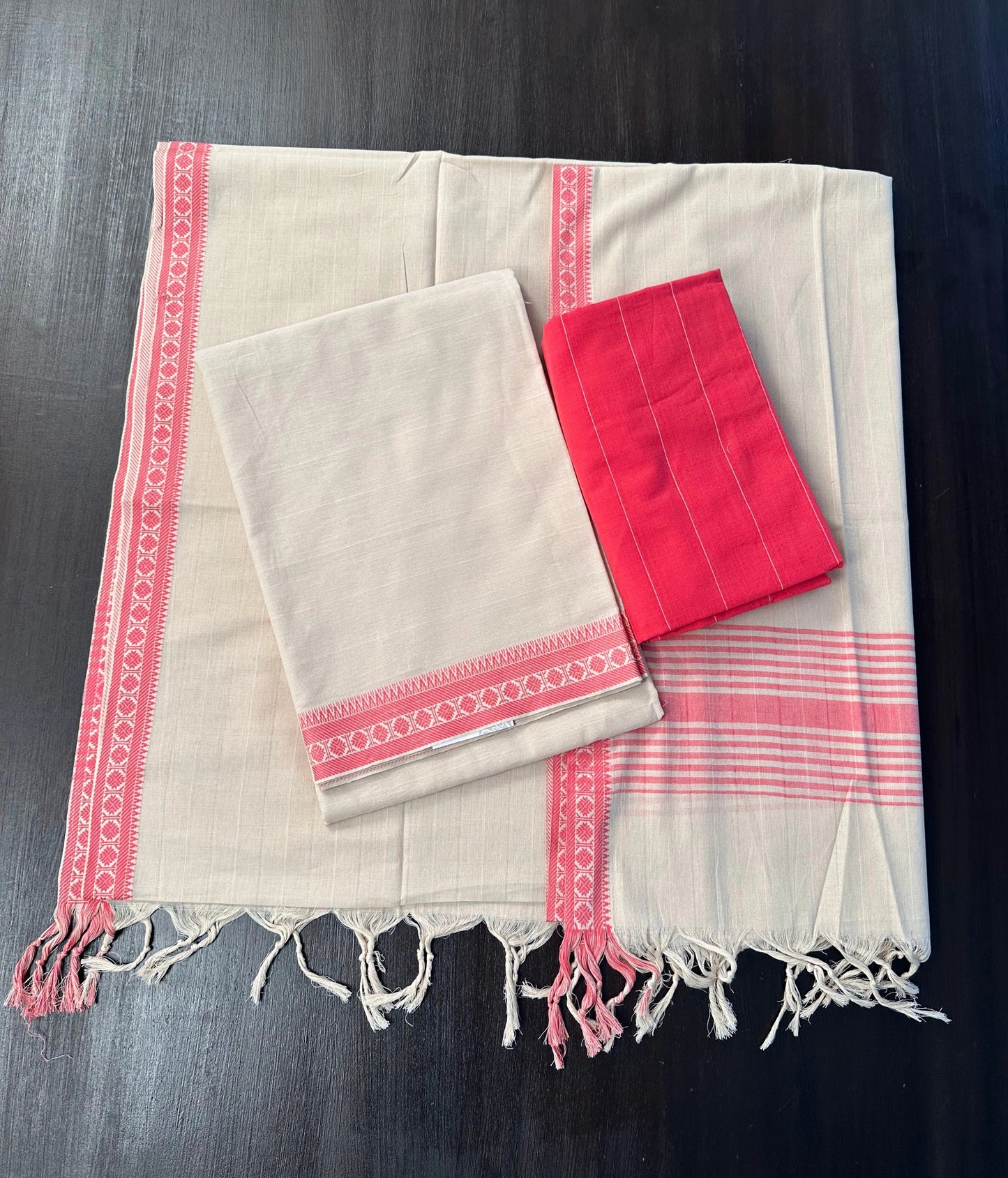 Beige-Pink Mangalgiri Cotton Unstitched 3-Piece Suit