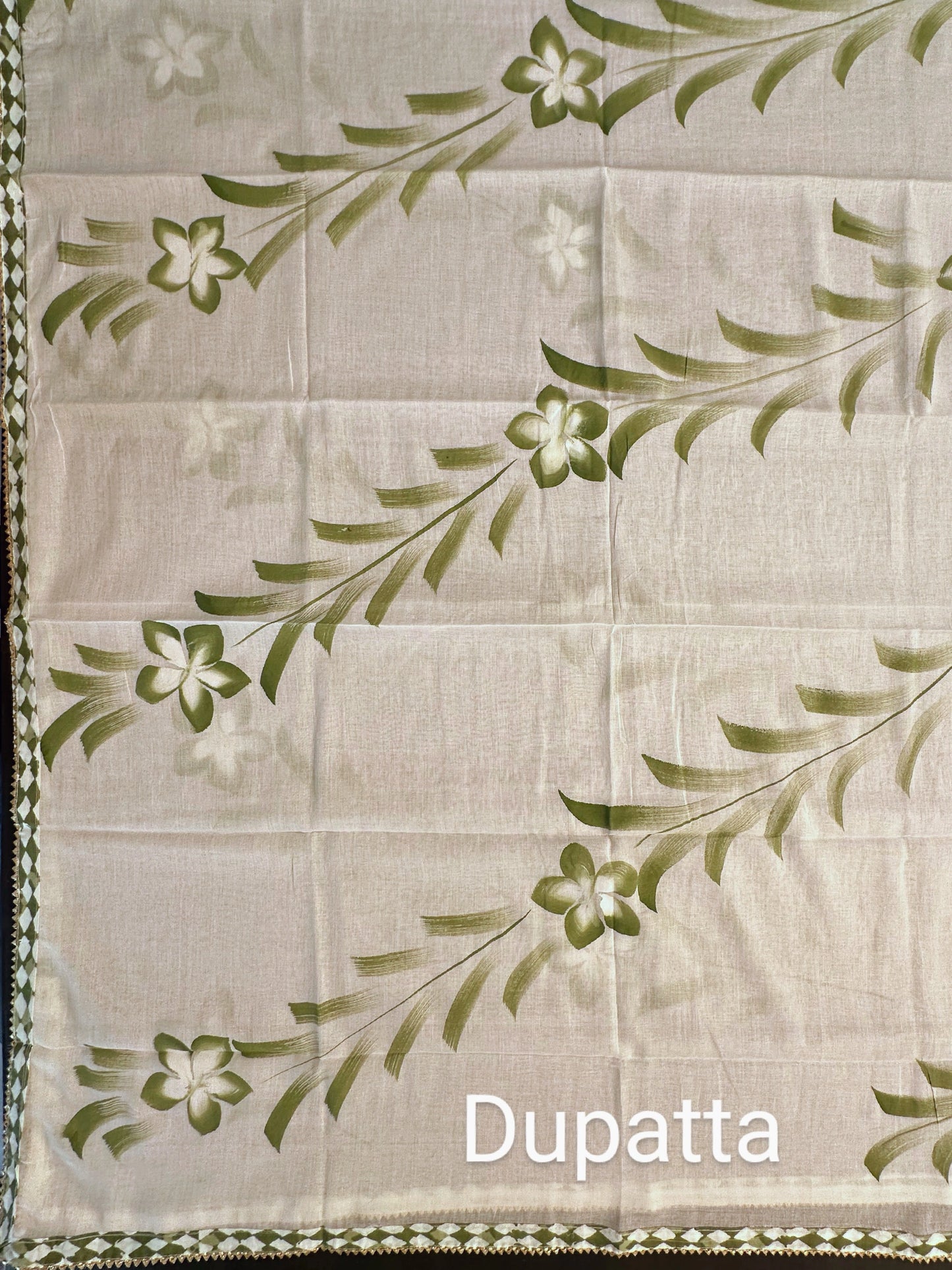 Off White-Green Printed Cotton 3-Piece Suit With Hand-Painted Dupatta