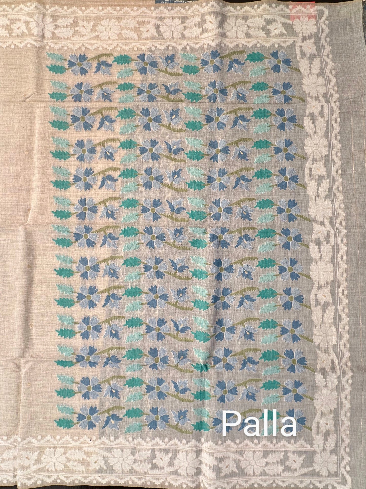 Beige - Blue Floral Weave Fancy Cotton Saree