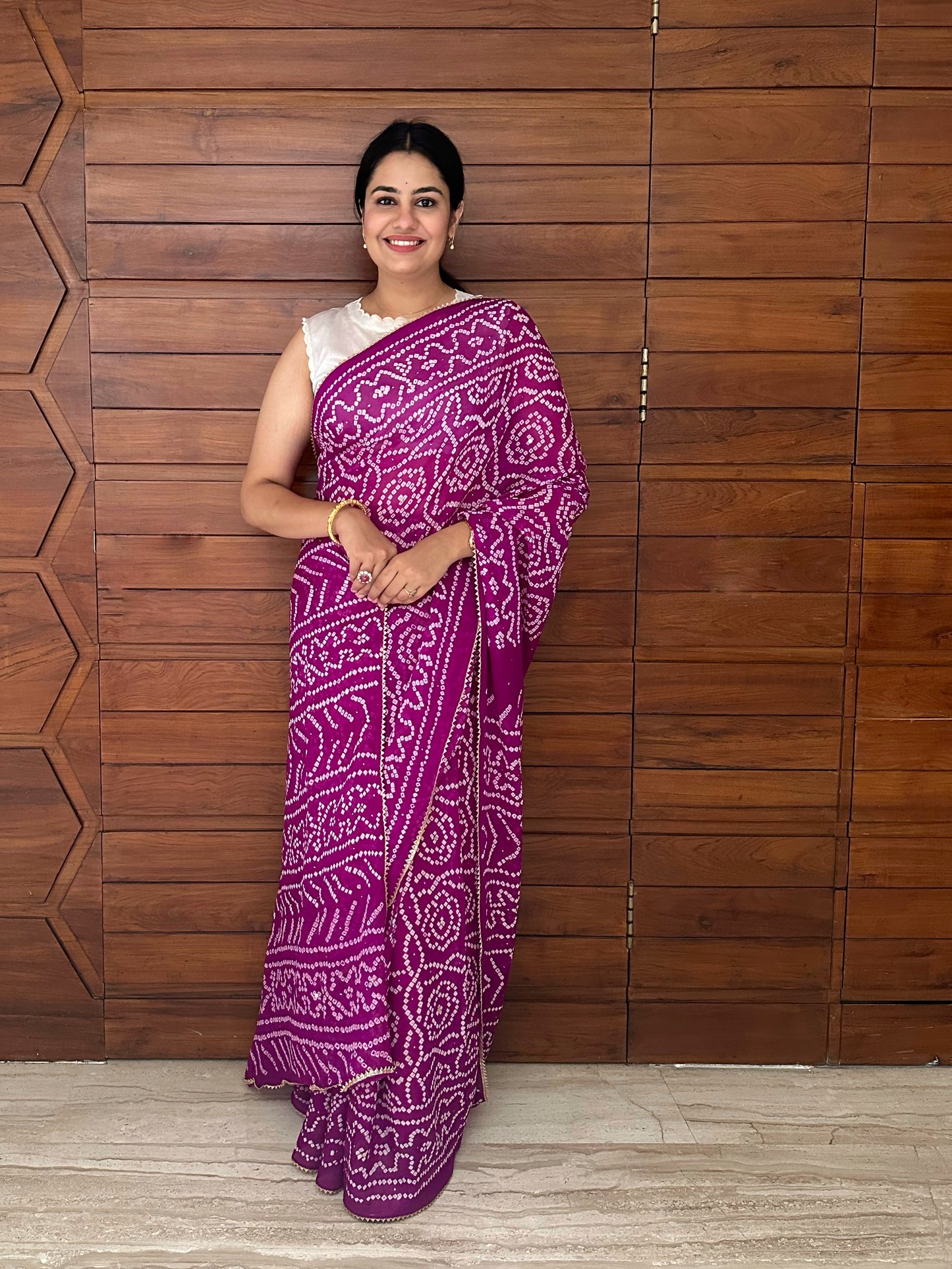 Purple Bandhej Chinon Saree