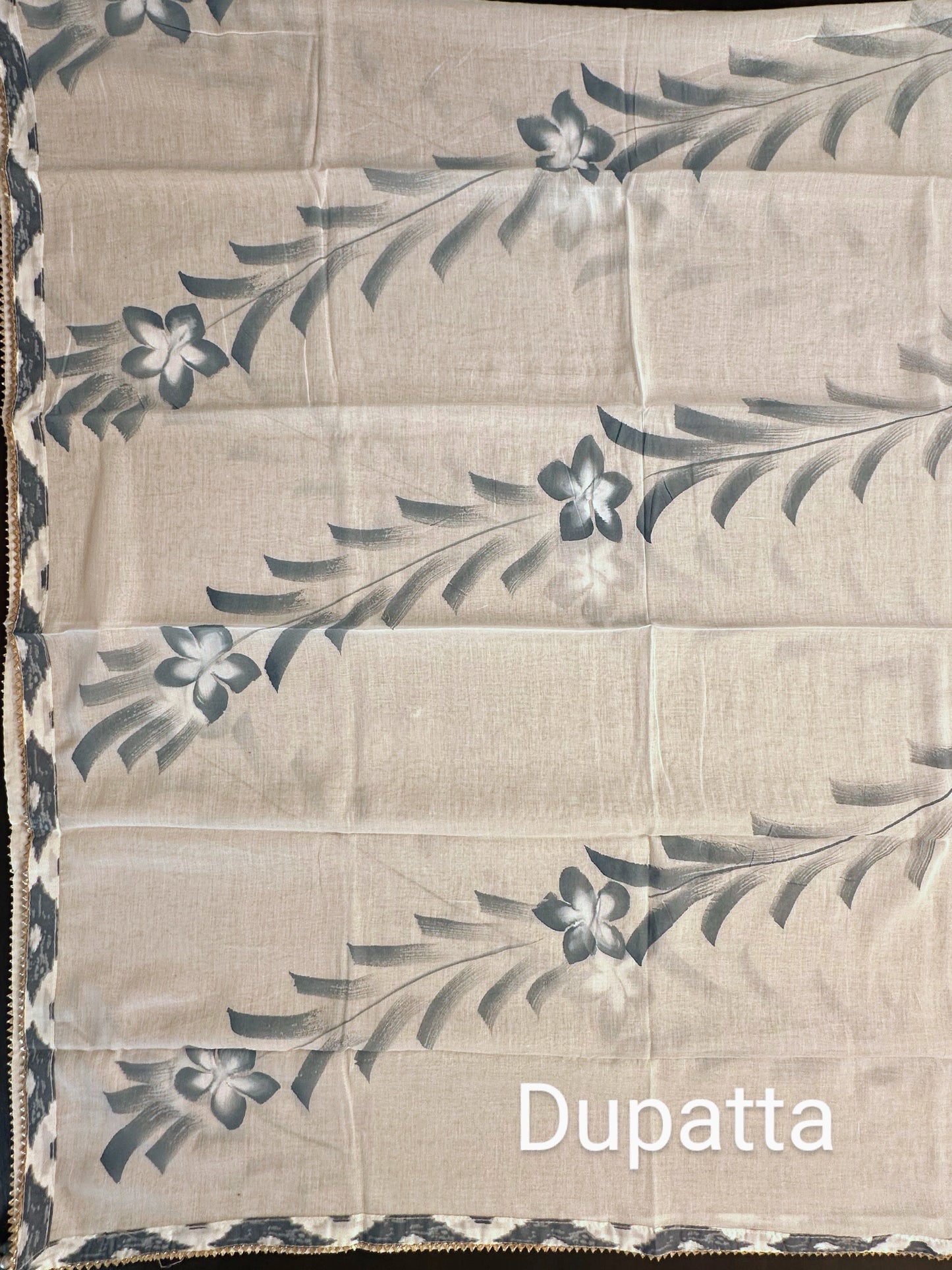 Off White- Grey Printed Cotton 3-Piece Suit With Hand Painted Dupatta