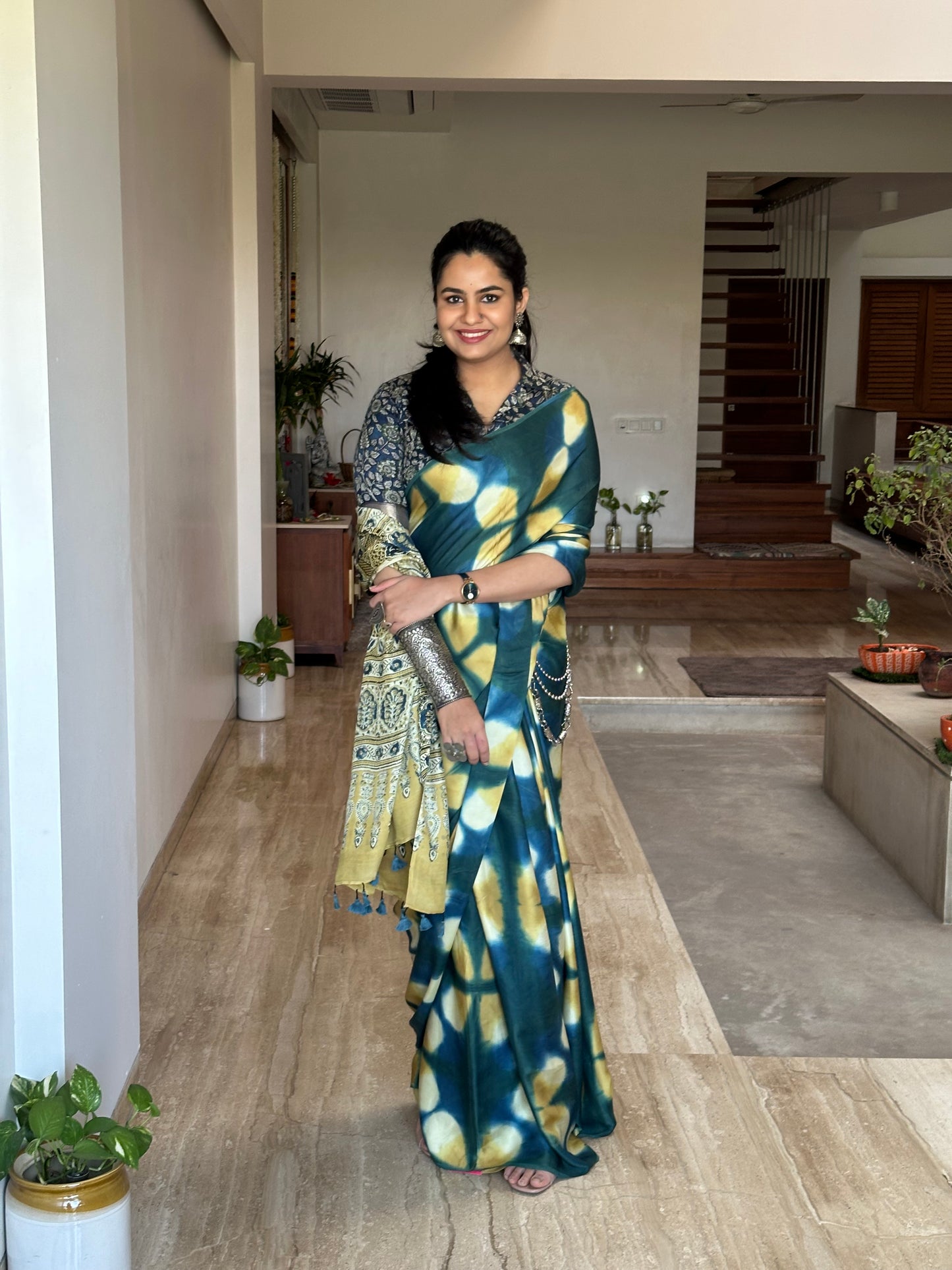 Peacock Blue-Yellow Ajrakh Blended Modal Saree
