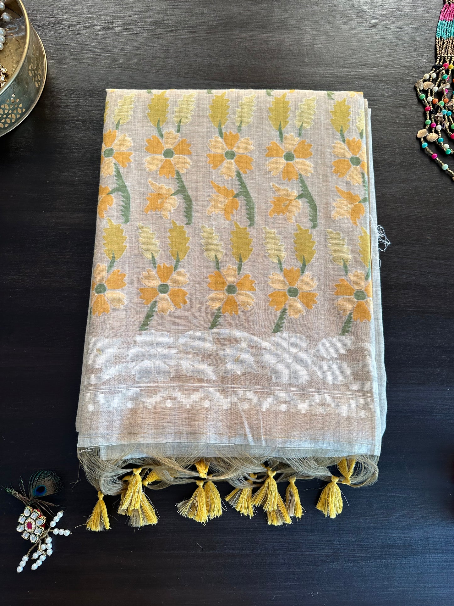 Beige-Yellow Floral Weave Fancy Cotton Saree
