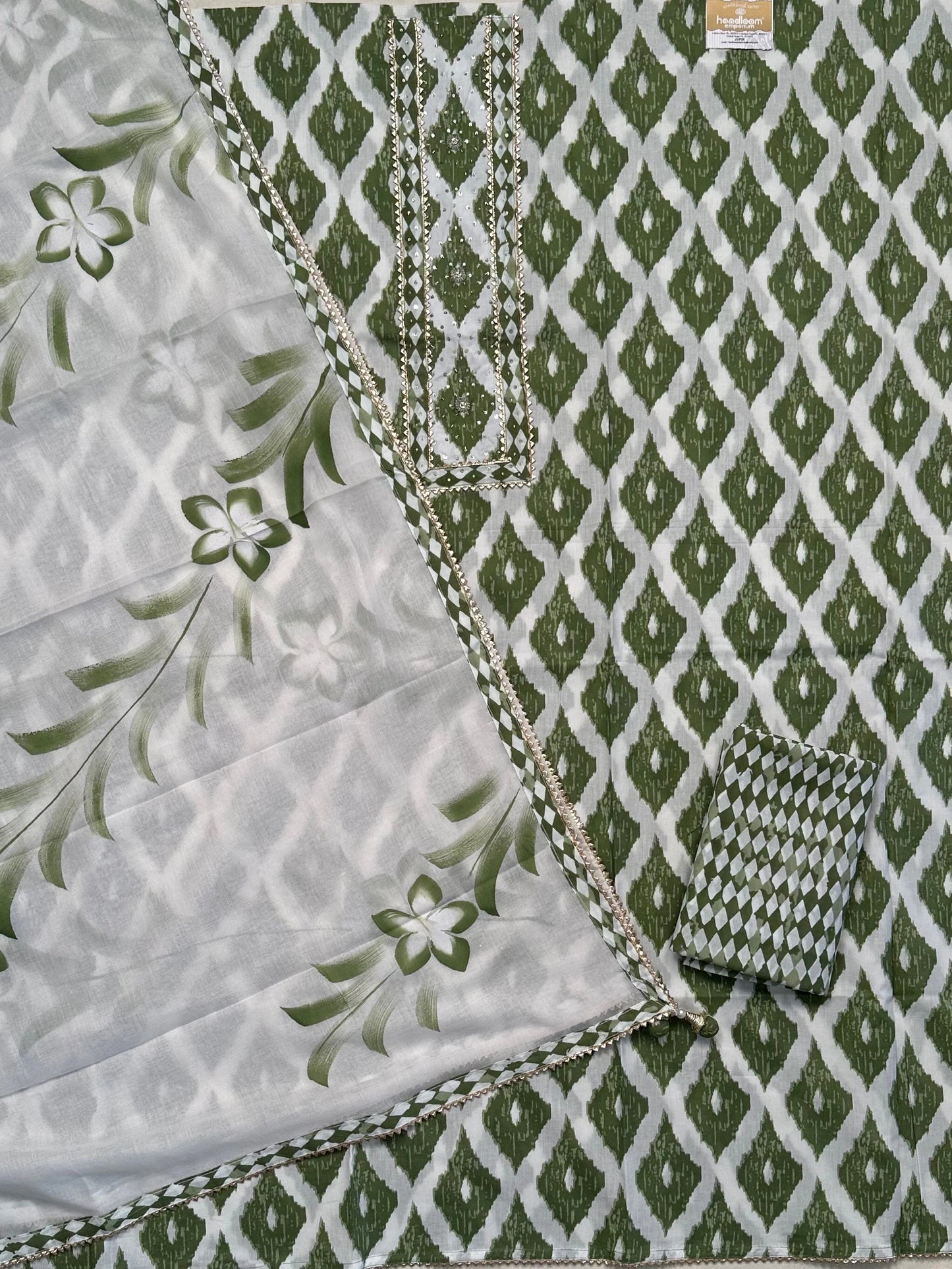 Off White-Green Printed Cotton 3-Piece Suit With Hand-Painted Dupatta