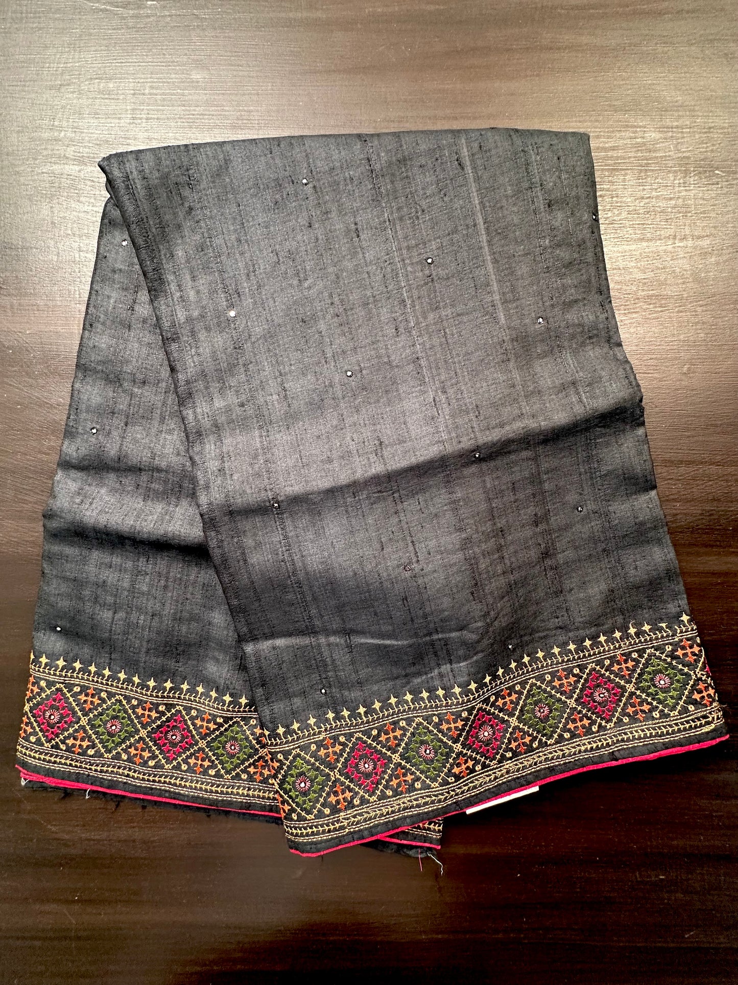 Black Pure Tussar Silk Saree With Embroidery