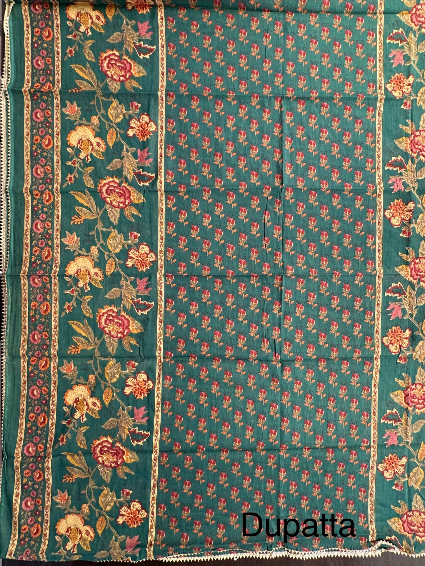 Bottle Green Angrakha Printed Cotton 3-Piece Suit