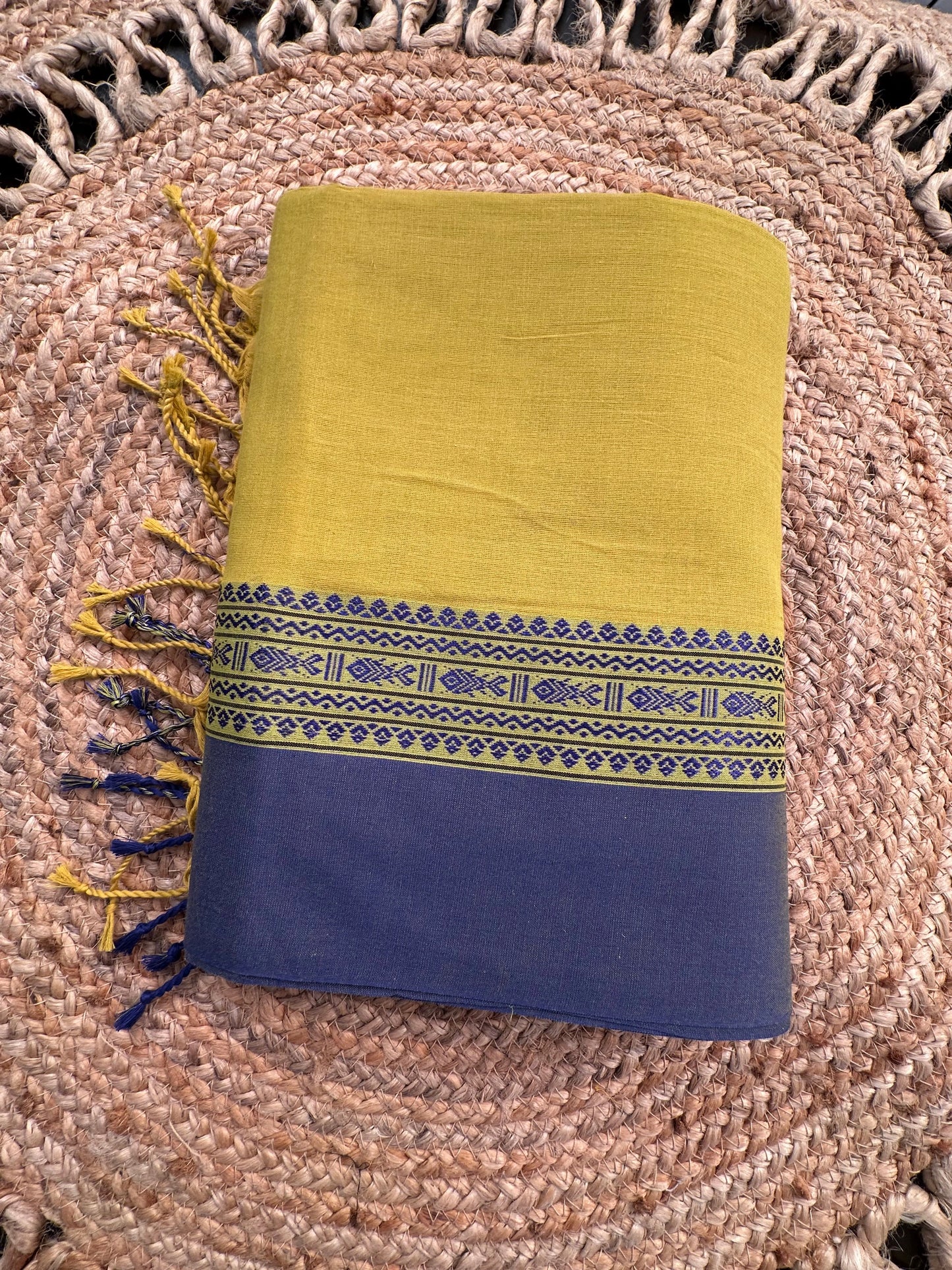 Olive Green-Blue Tripura Cotton Saree