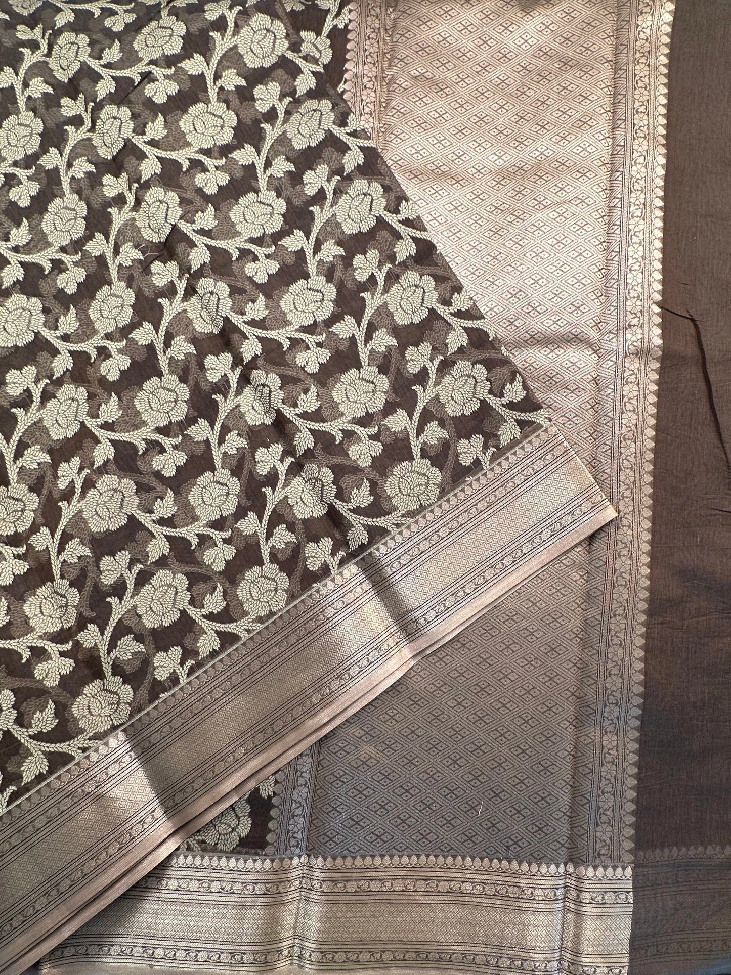 Brown Floral Emboss Chanderi Saree