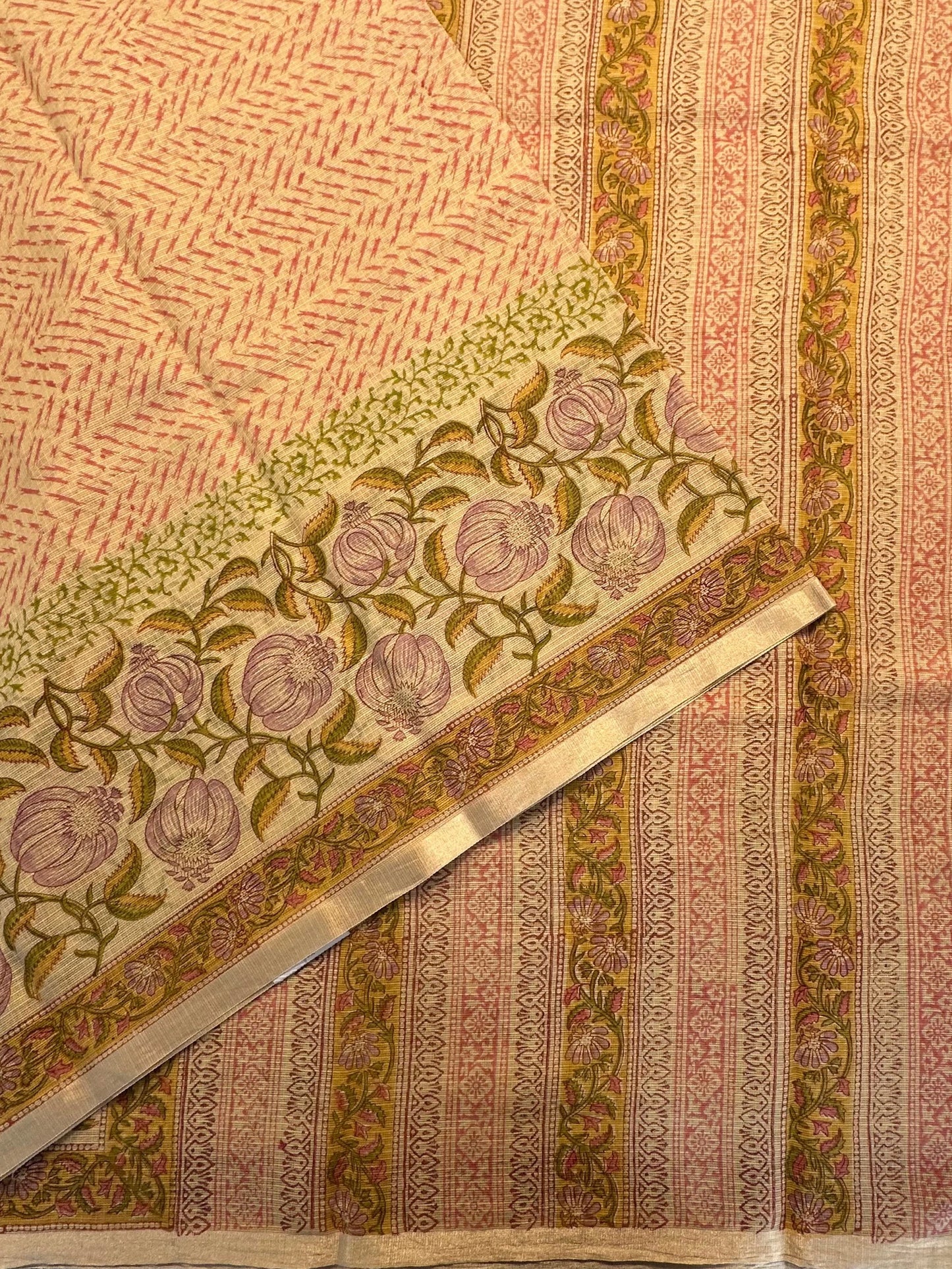 Beige Block Print Kota Doria Cotton Saree