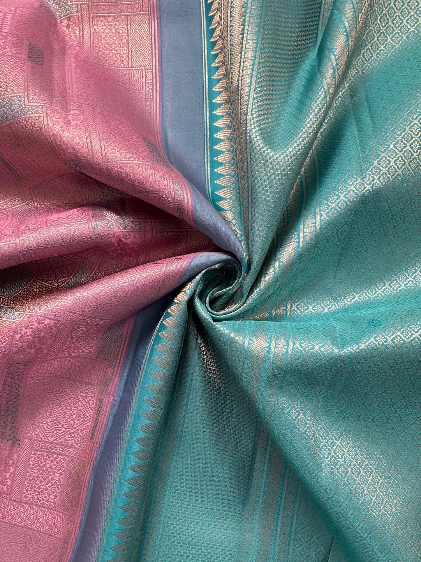 Pink-Firozi Handloom Kanjivaram Jamawar Pure Silk Saree