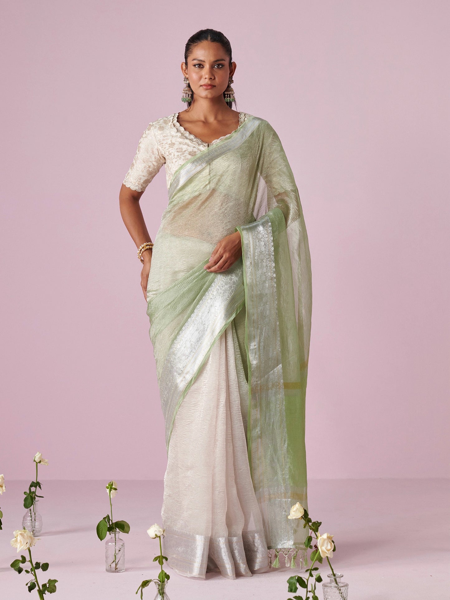 Pista Green Pure Tissue Crush Saree