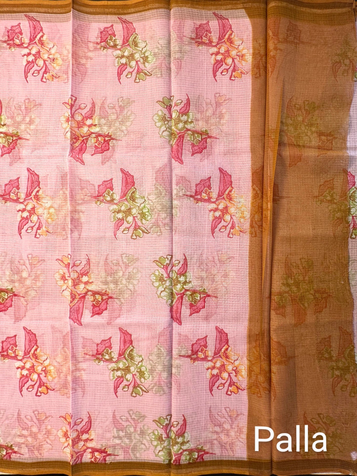 Pink Floral Print Kota Doria Cotton Saree