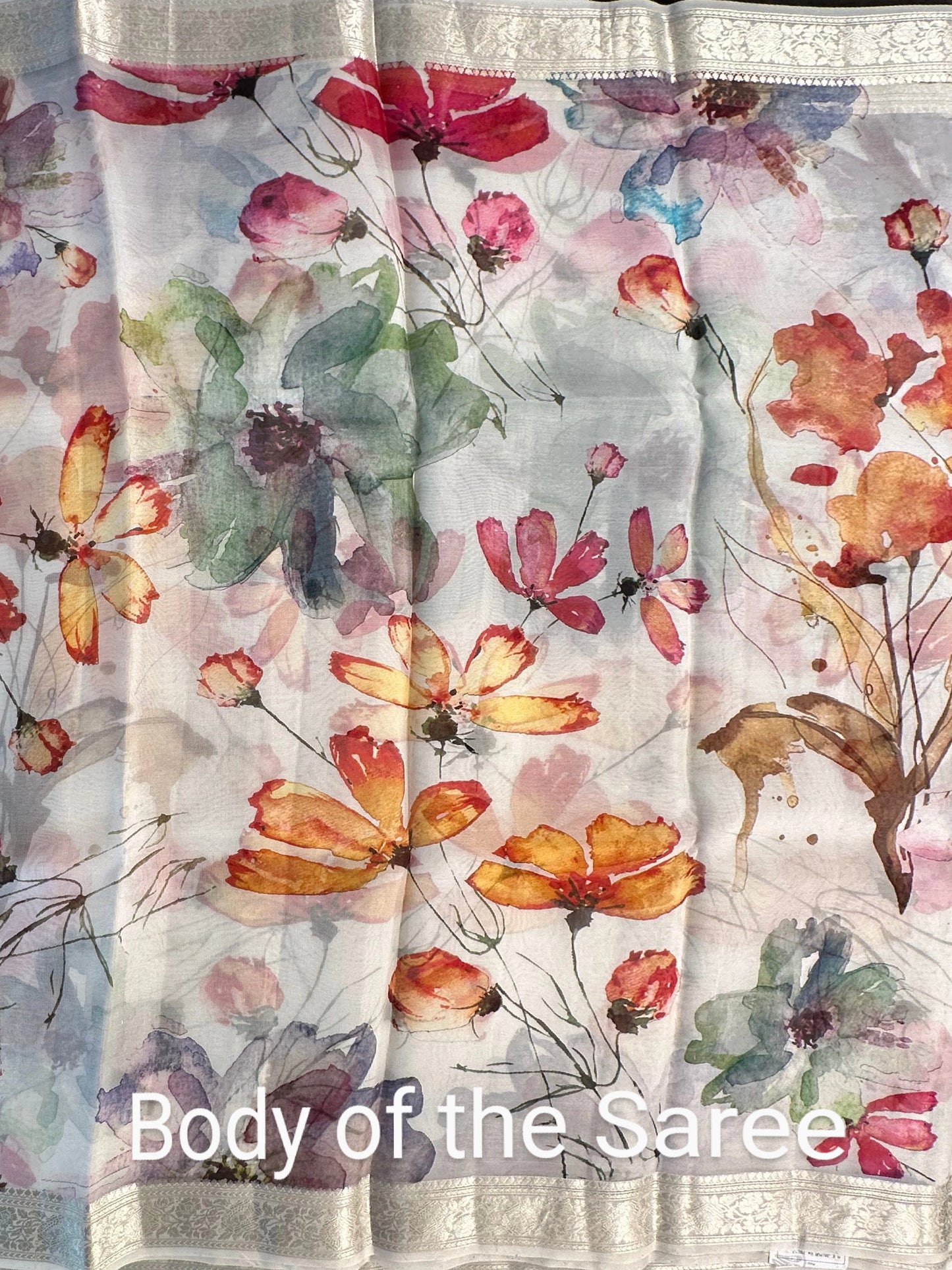 Off White - Multi Floral Print Organza Saree