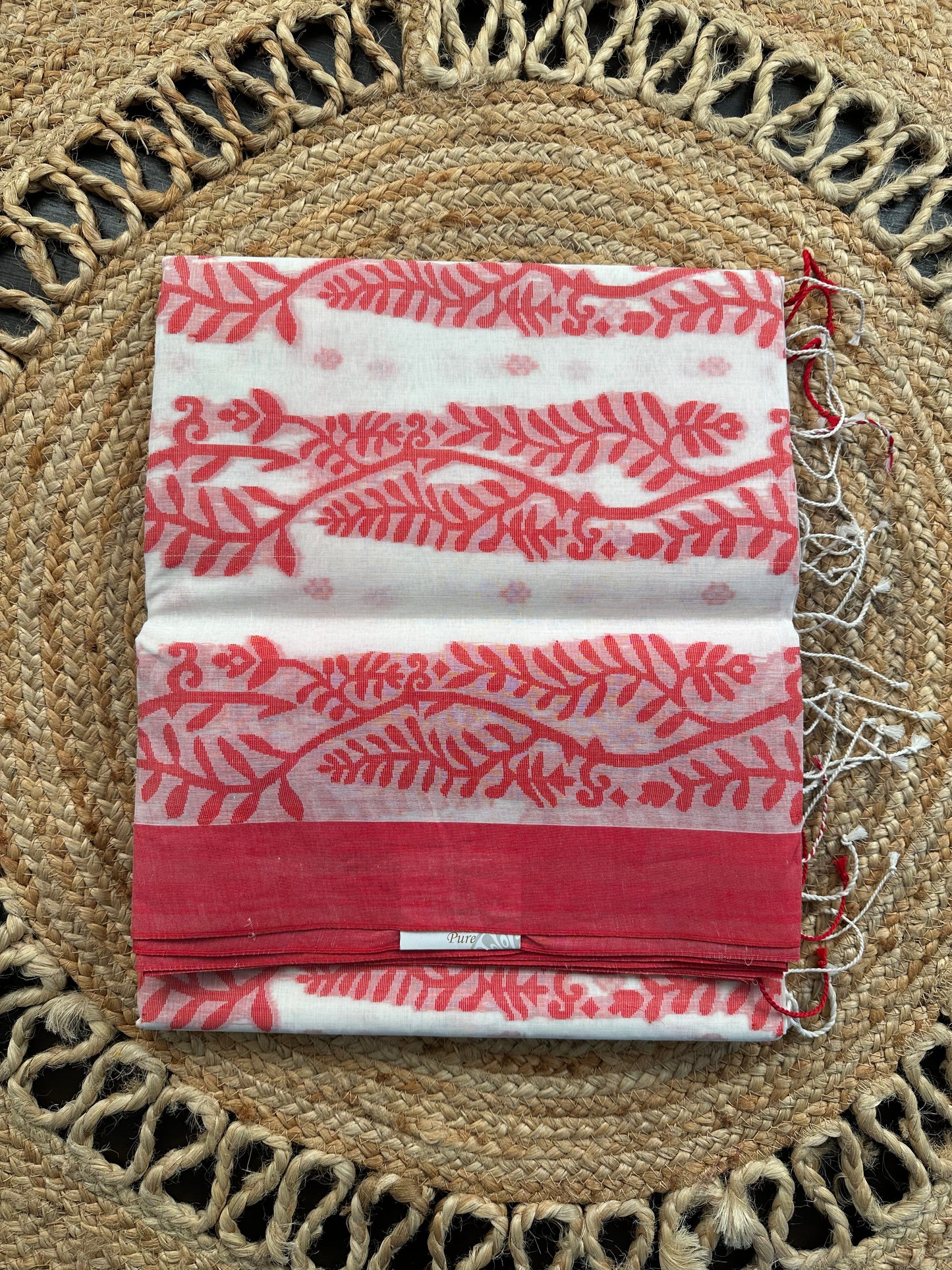 White Red Doodh Aalta Pure Cotton Saree