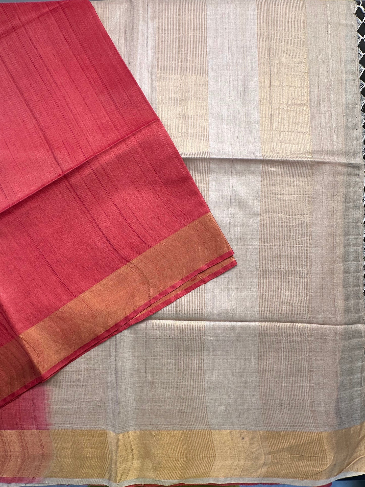 Coral Pink-Beige Handloom Tussar Silk Saree