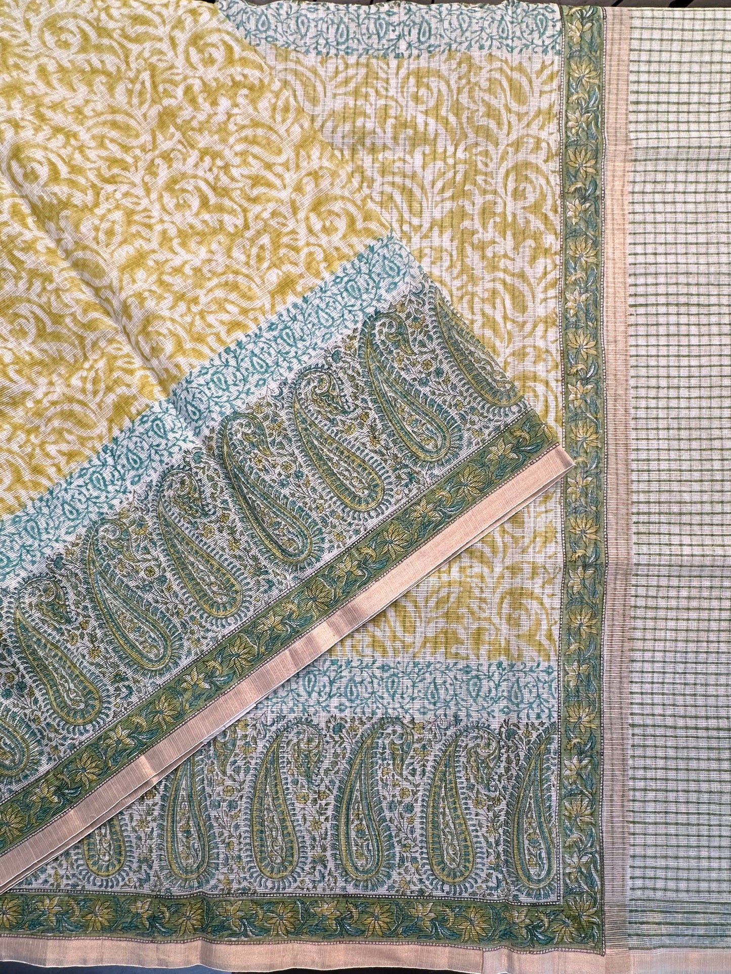 Mehndi Green Block Printed Kota Doria Cotton Saree