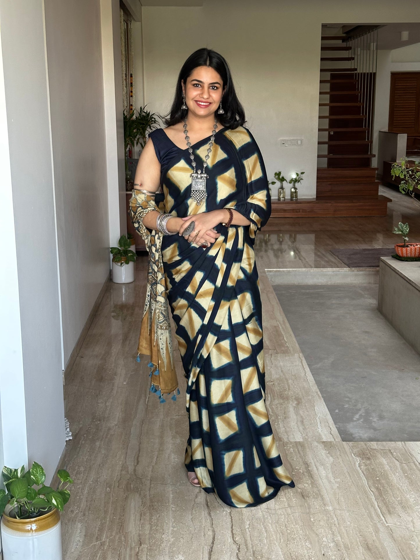 Black Indigo-Mustard Ajrakh Blended Modal Saree