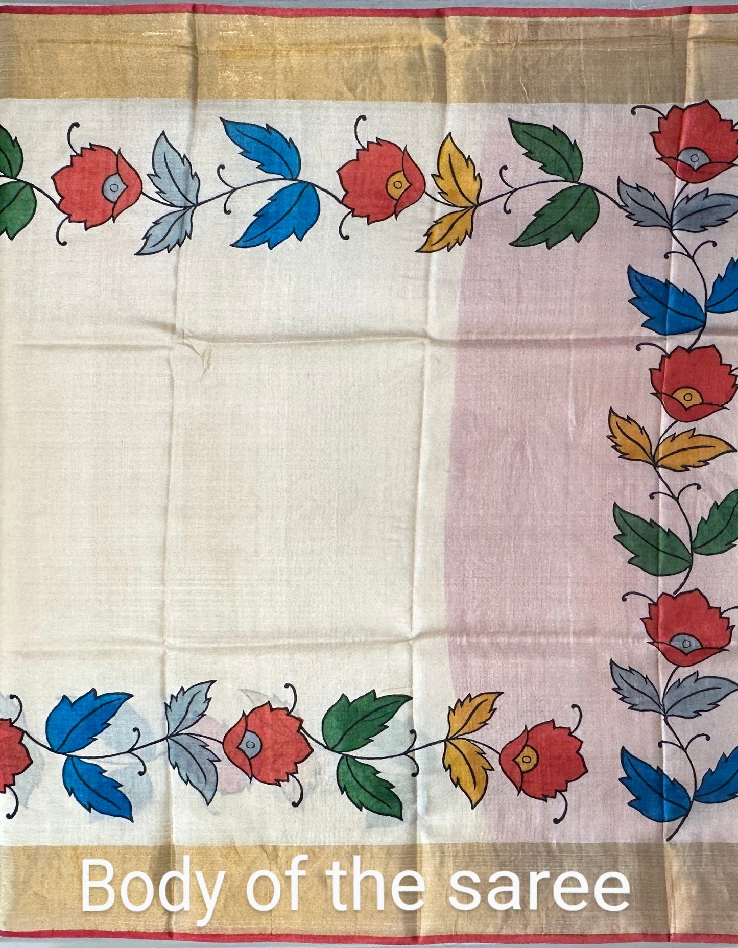 Off-White Floral Print Tussar Silk Saree