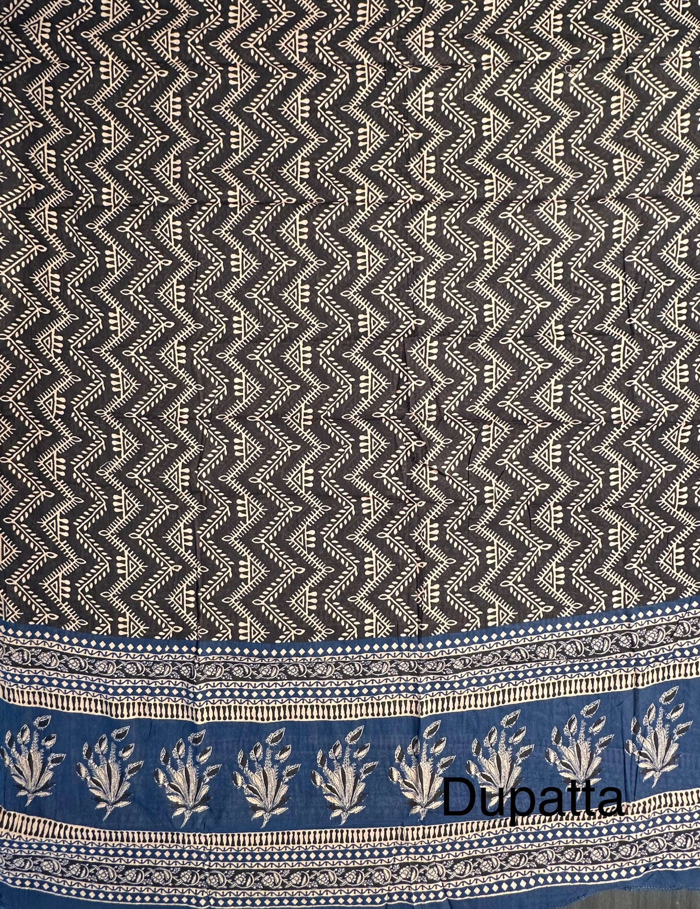 Navy Blue Printed Cotton 3-Piece Suit