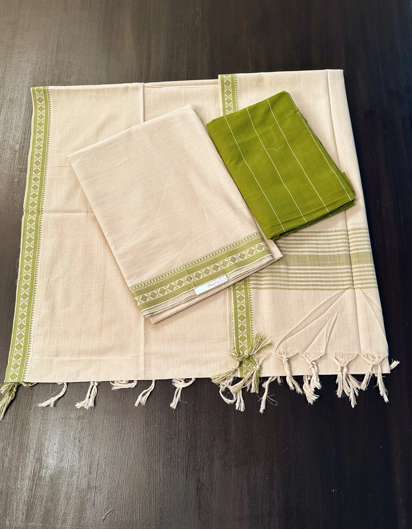 Beige- Mehendi Green Mangalgiri Cotton Unstitched 3-Piece Suit