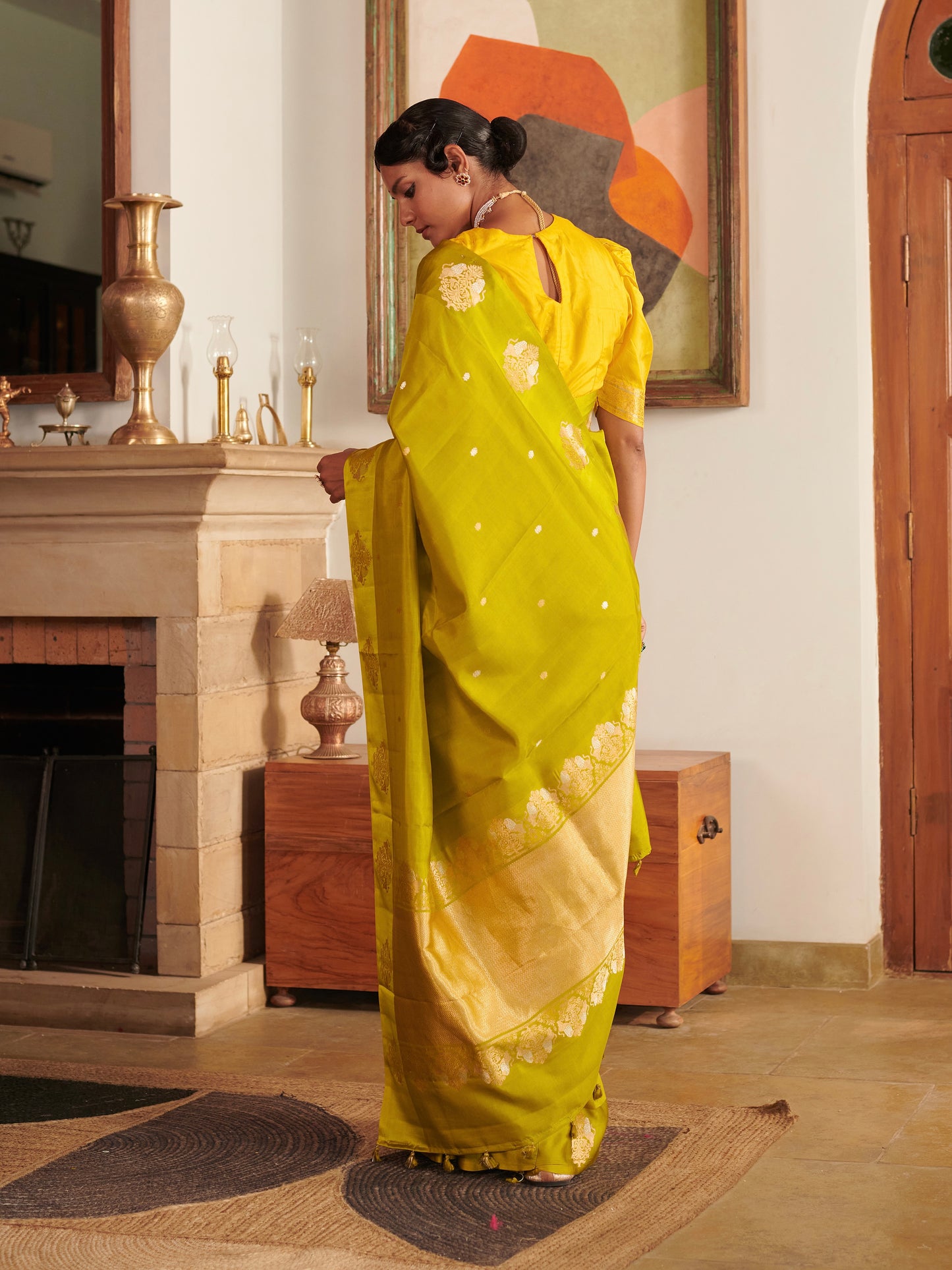 Olive Green Banarasi Satin Saree