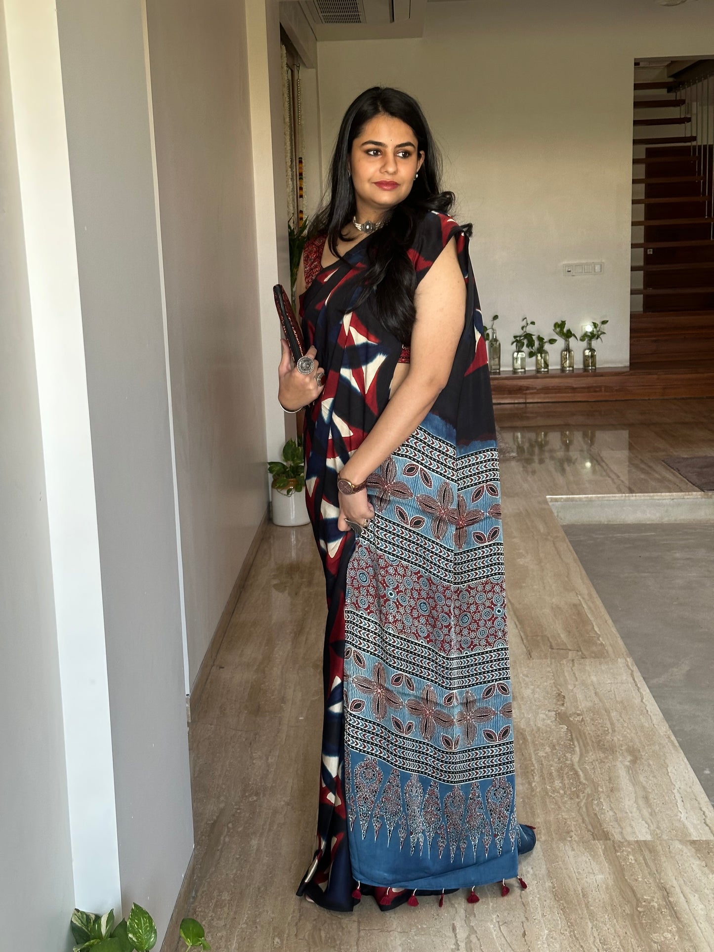 Black Indigo-Blue Ajrakh Blended Modal Saree
