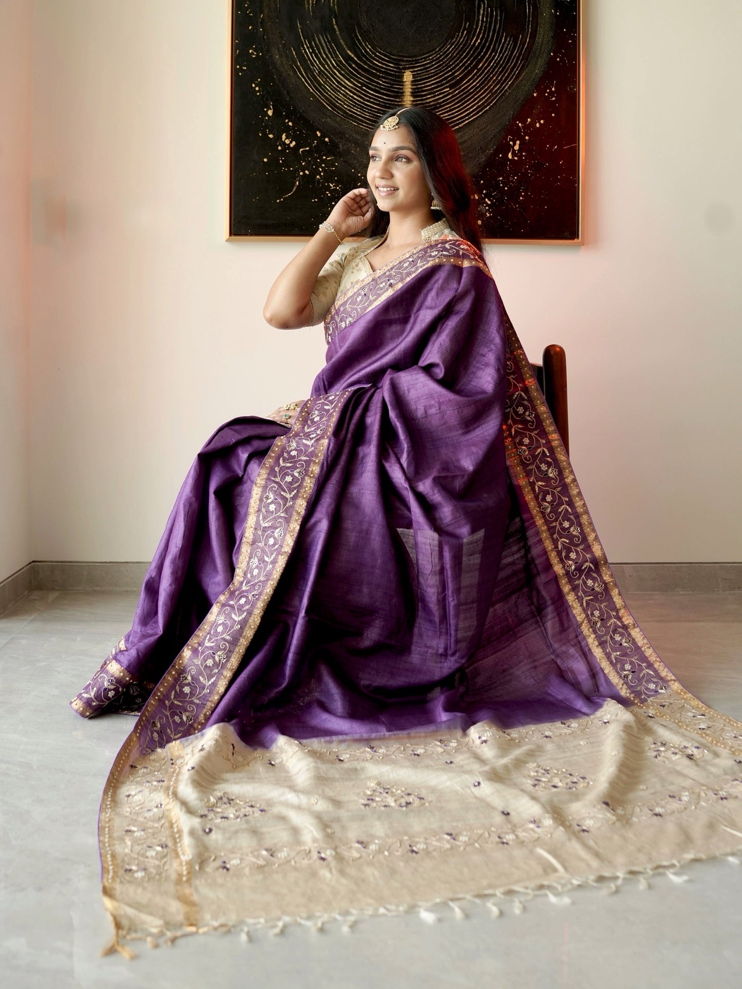 Purple Zardozi Work Pure Tussar Silk Saree
