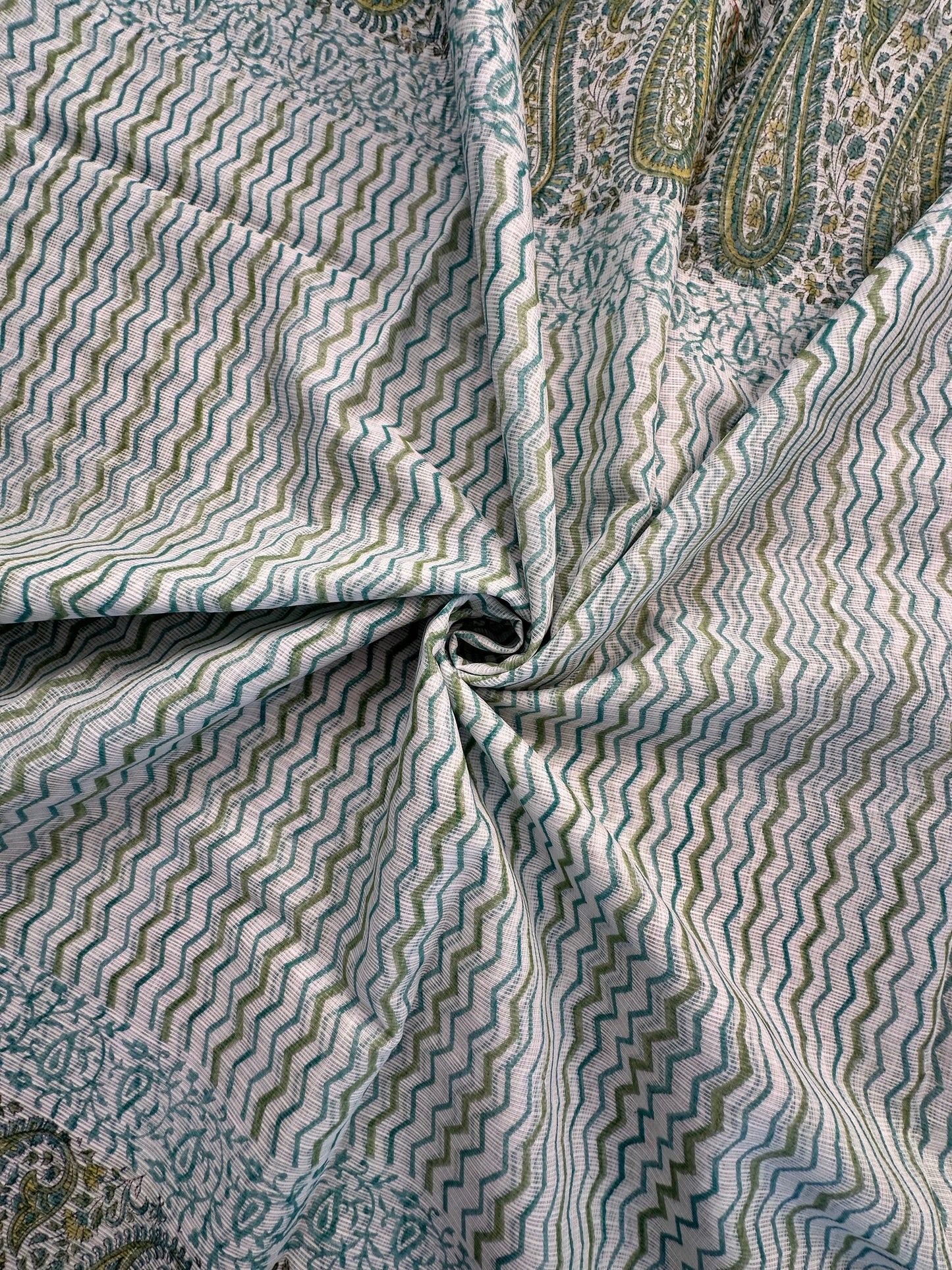 Sea Green Block Printed Kota Doria Cotton Saree