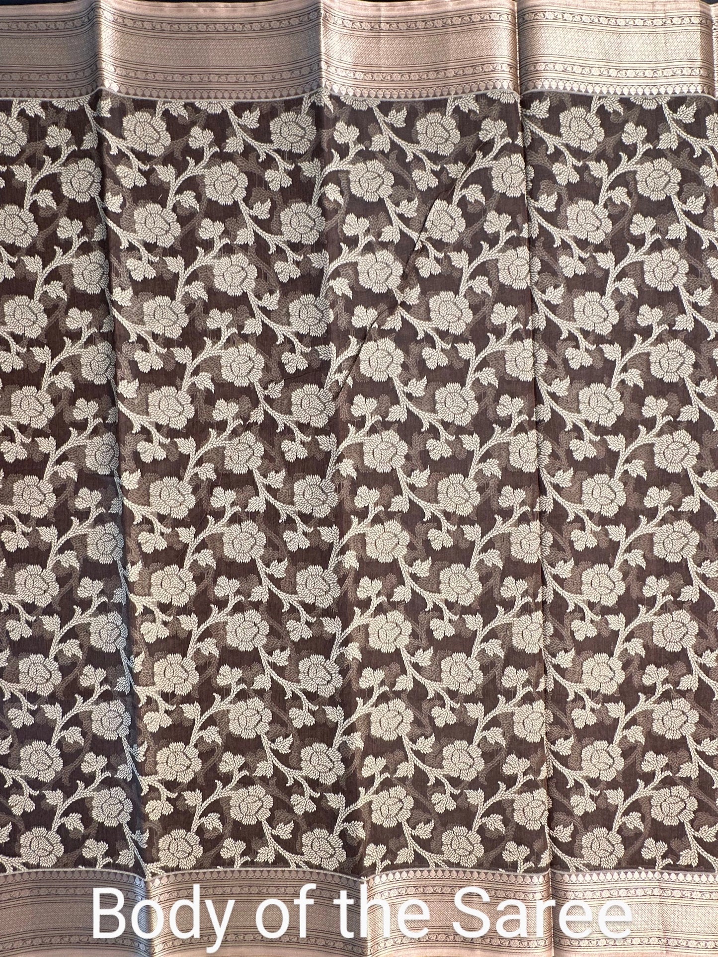 Brown Floral Emboss Chanderi Saree