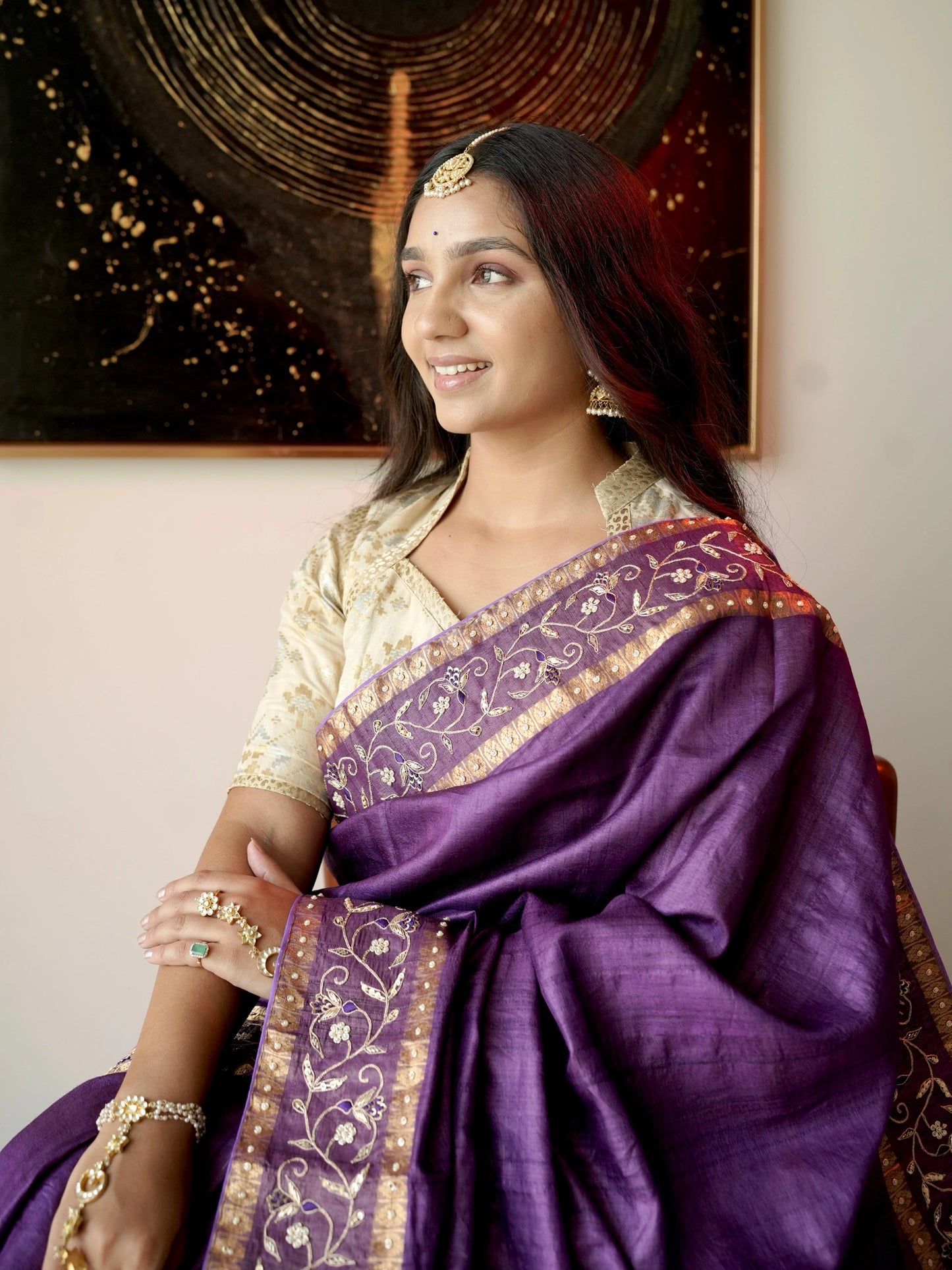 Purple Zardozi Work Pure Tussar Silk Saree