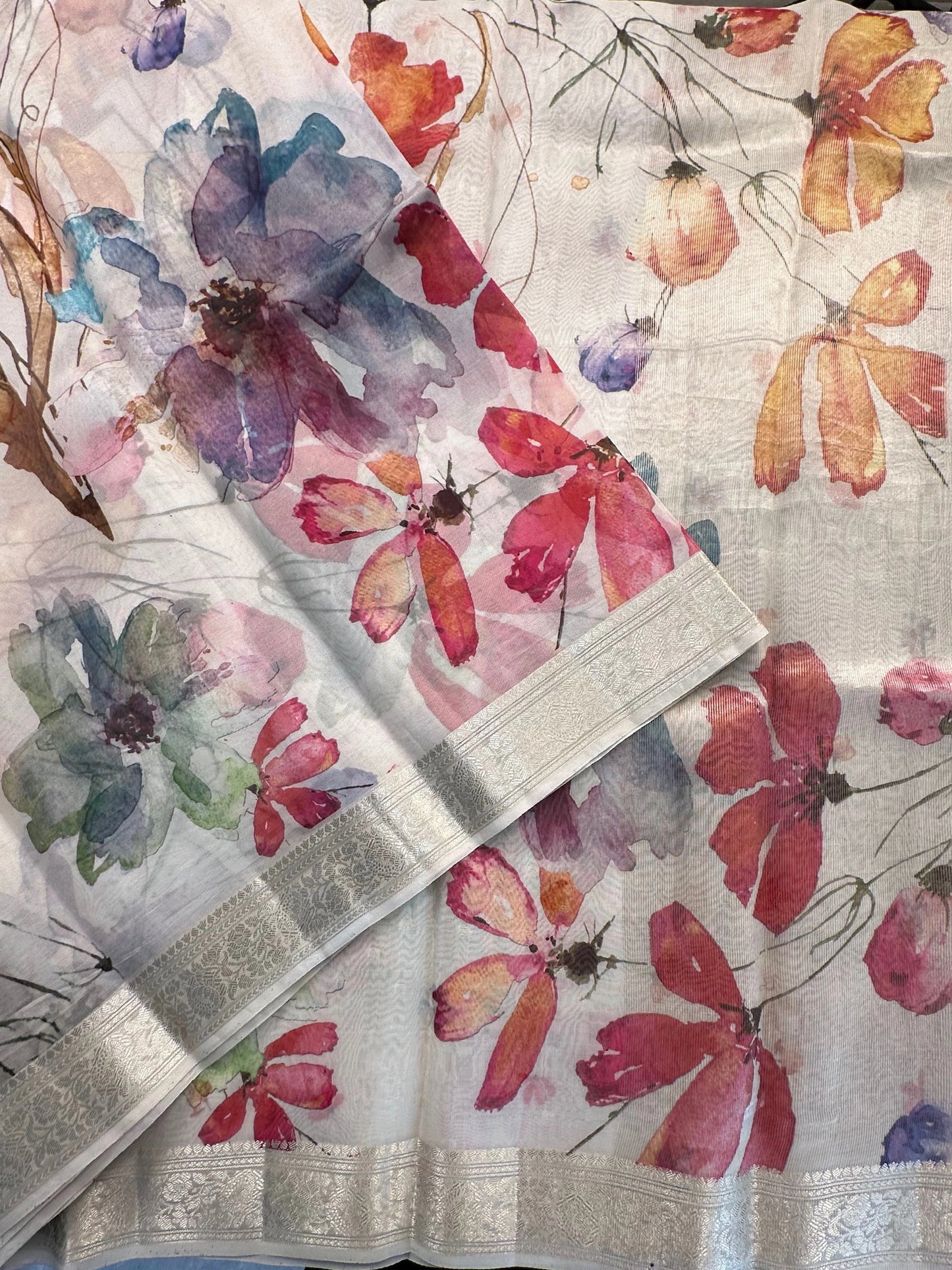 Off White - Multi Floral Print Organza Saree